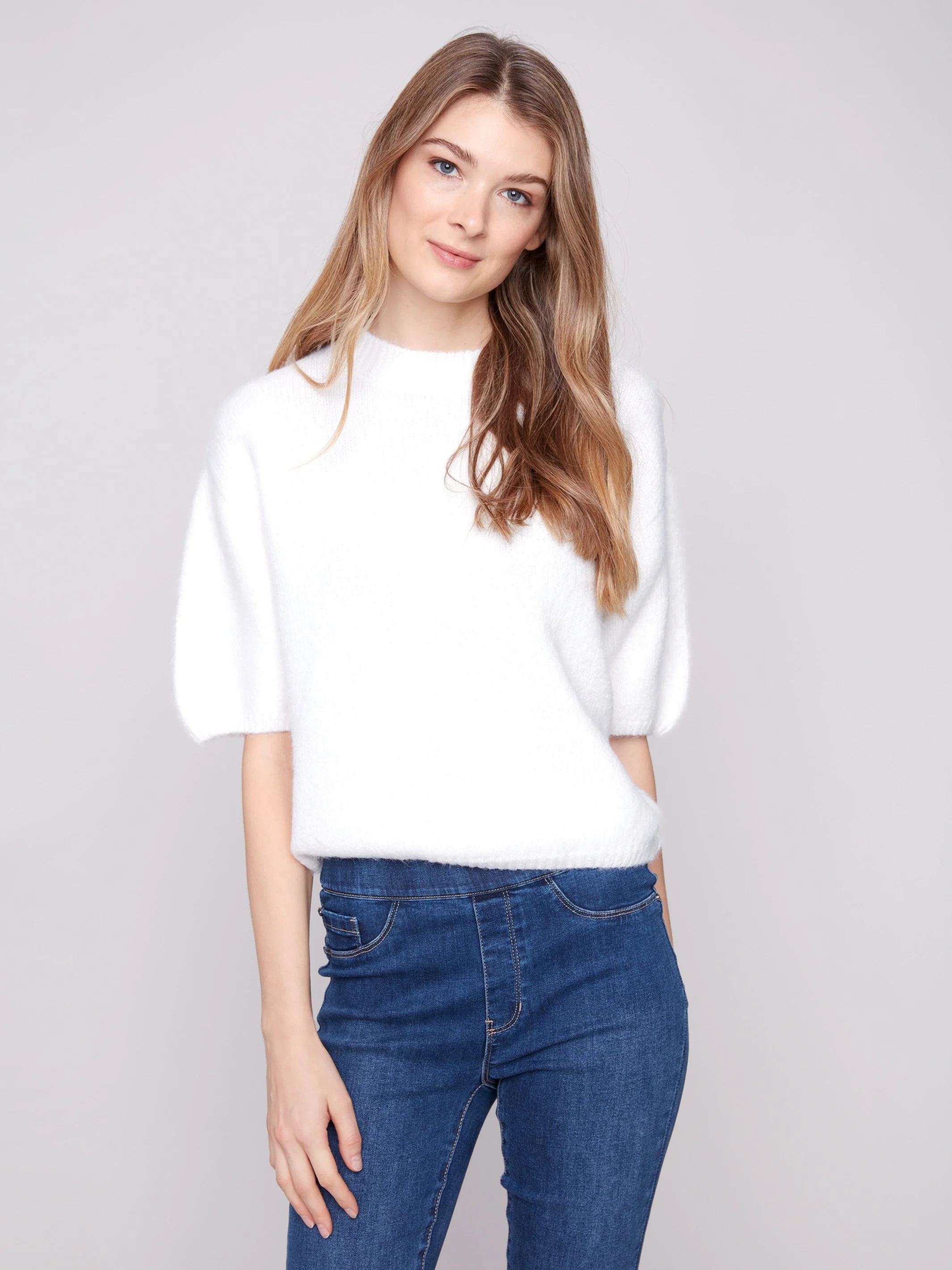 Balloon Elbow Sleeve Knit Sweater - Ecru