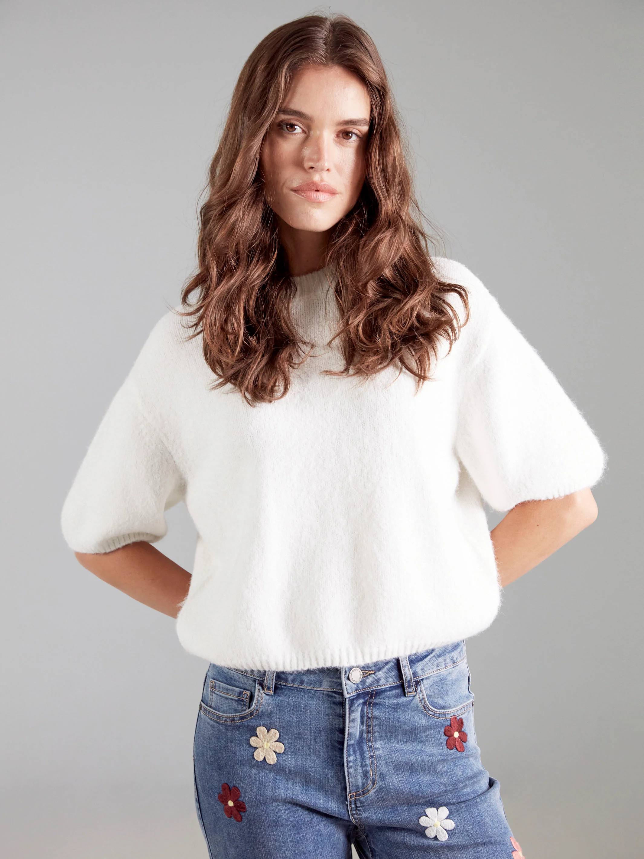 Balloon Elbow Sleeve Knit Sweater - Ecru - Image 7