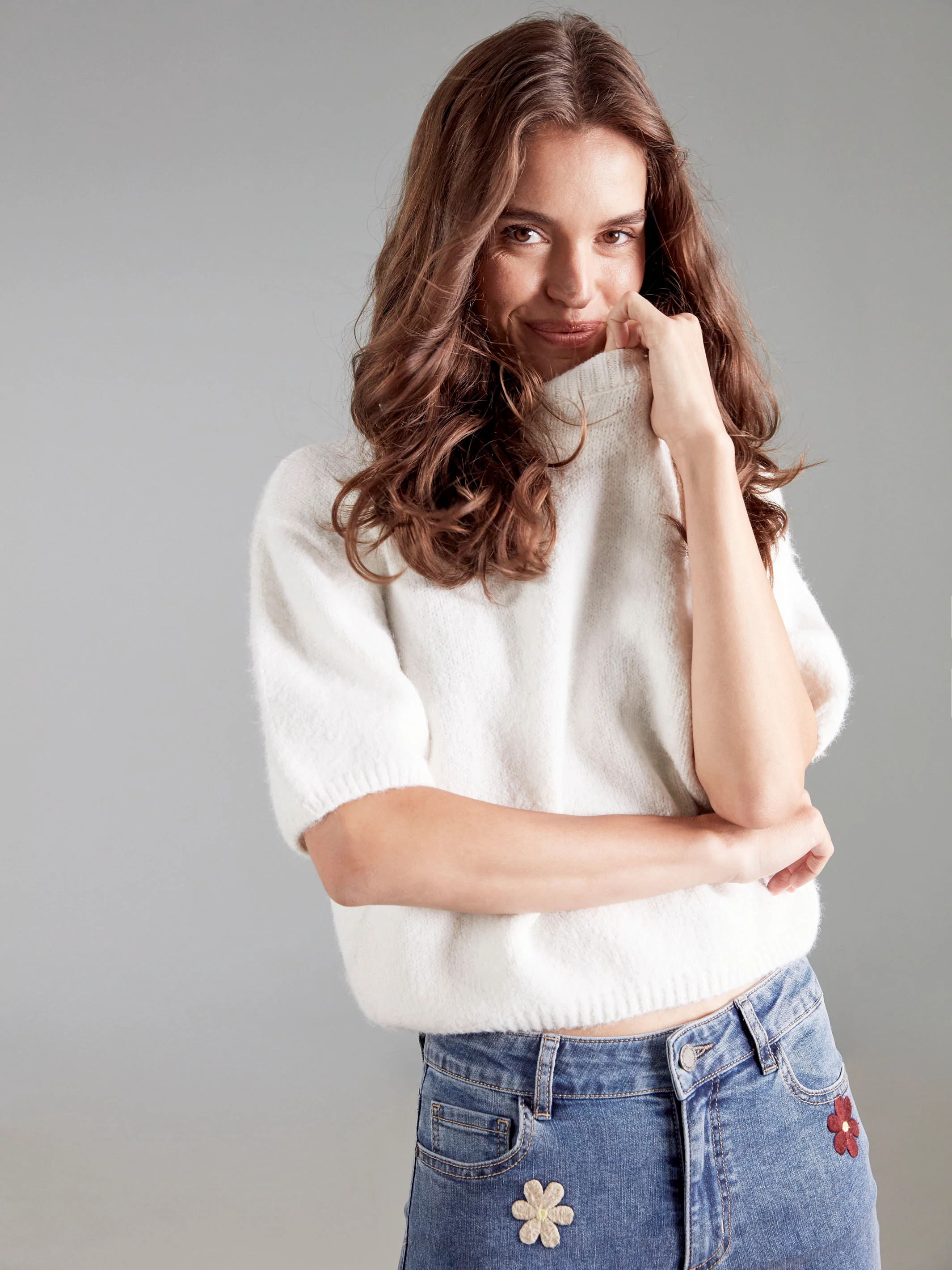 Balloon Elbow Sleeve Knit Sweater - Ecru - Image 8