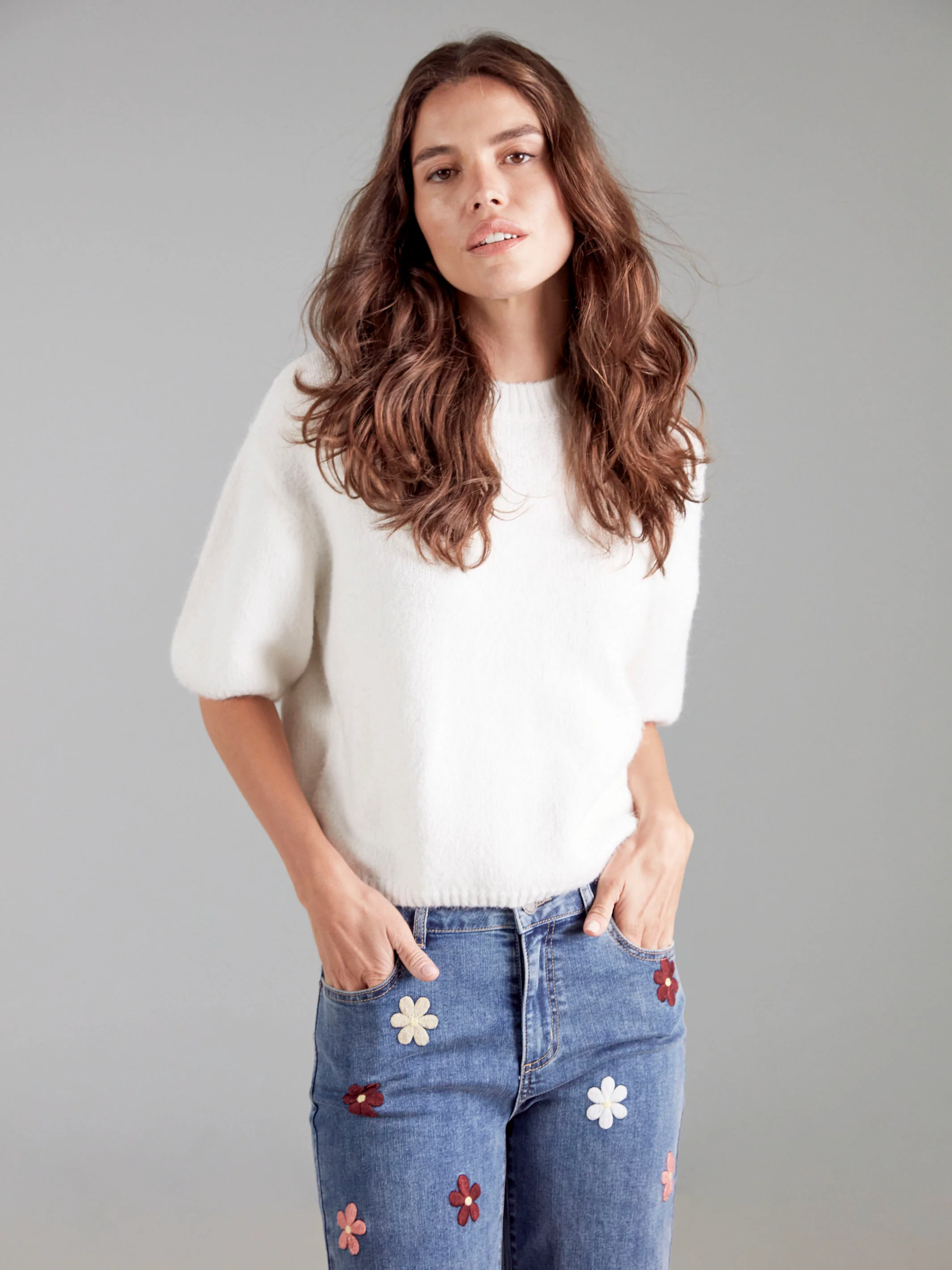 Balloon Elbow Sleeve Knit Sweater - Ecru - Image 9