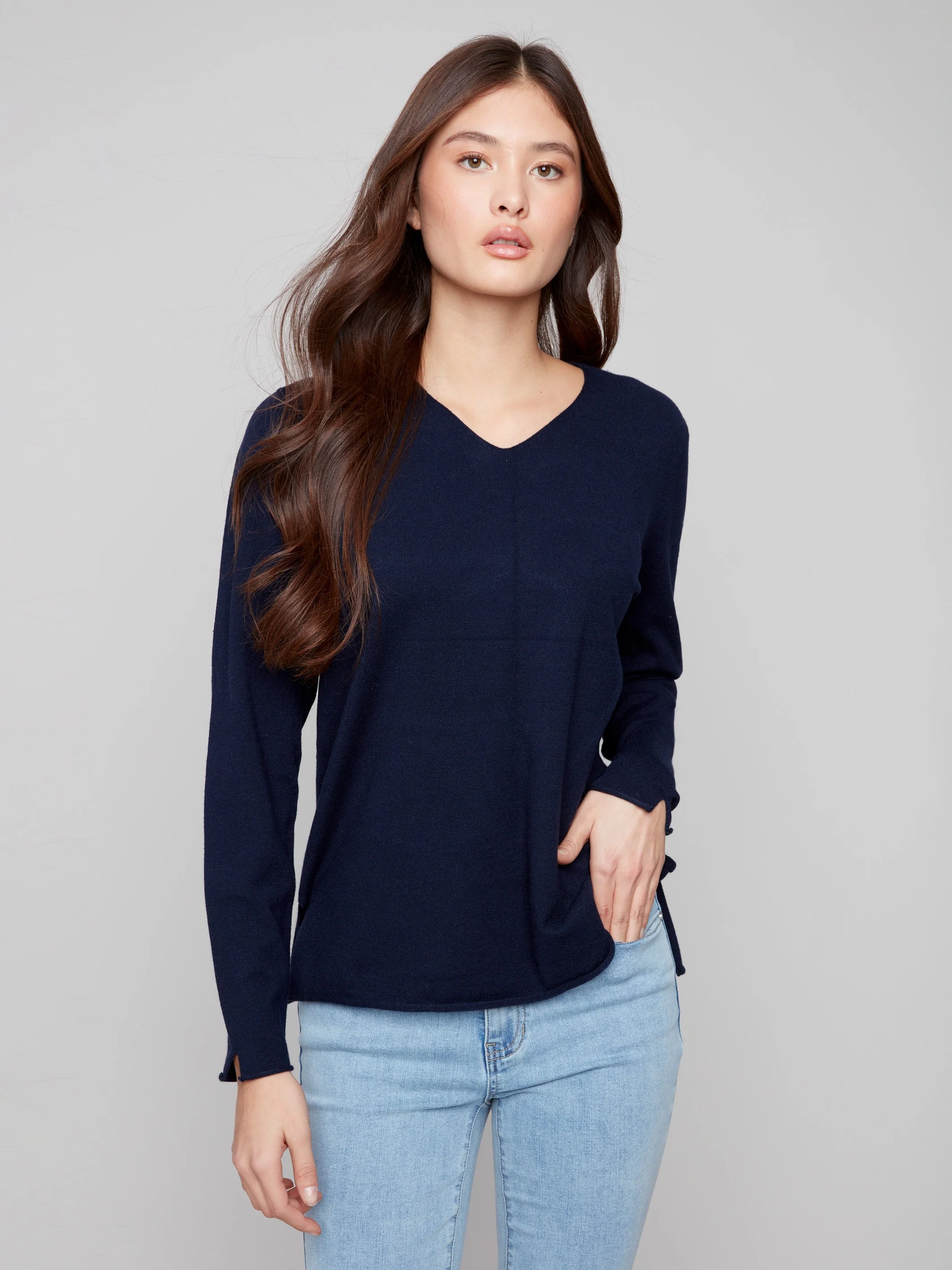 Basic V-Neck Sweater - Navy - Image 4