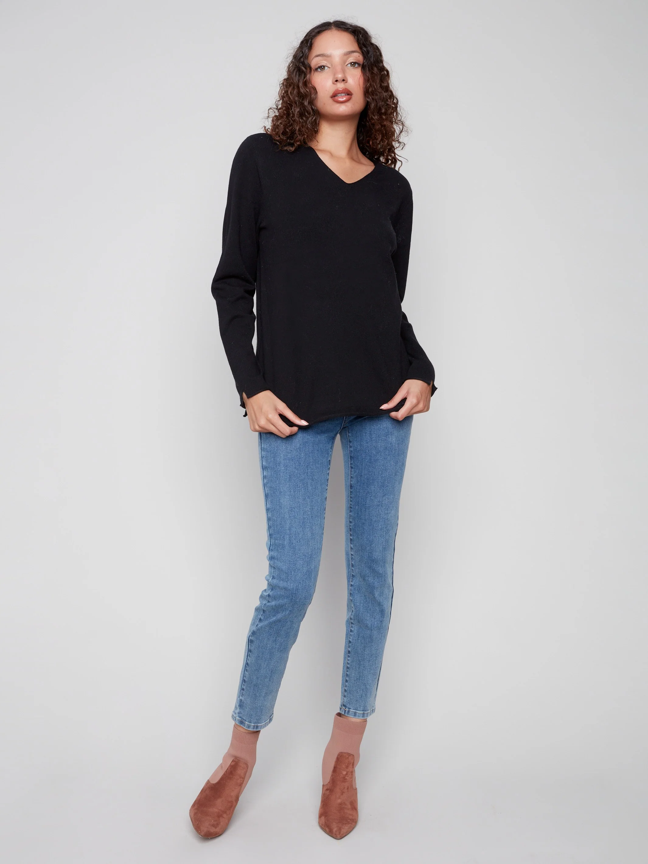 Basic V-Neck Sweater - Black - Image 2