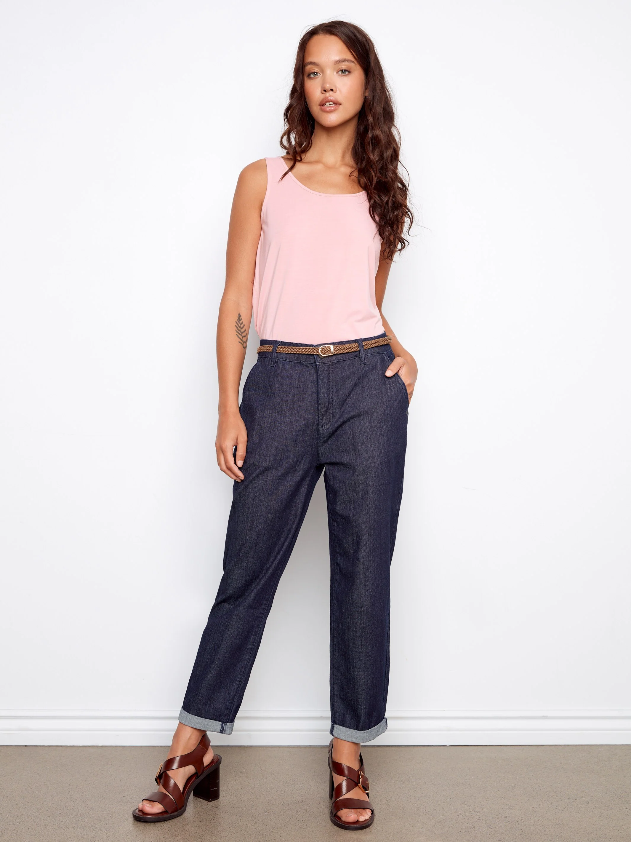 Belted Slim Leg Denim Pants - Deep Blue - Image 3