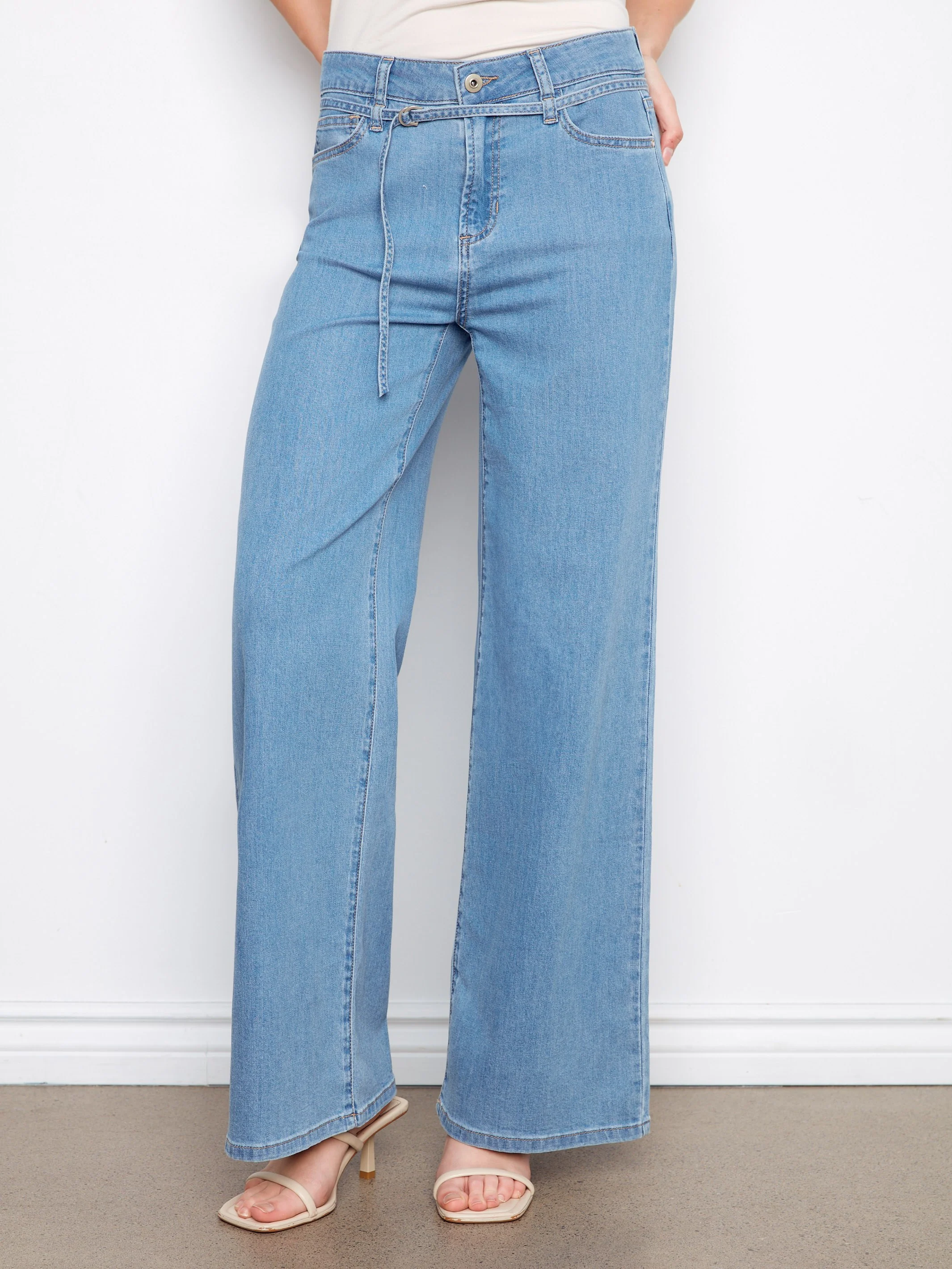 Belted Wide Leg Jeans - Light Blue - Image 3