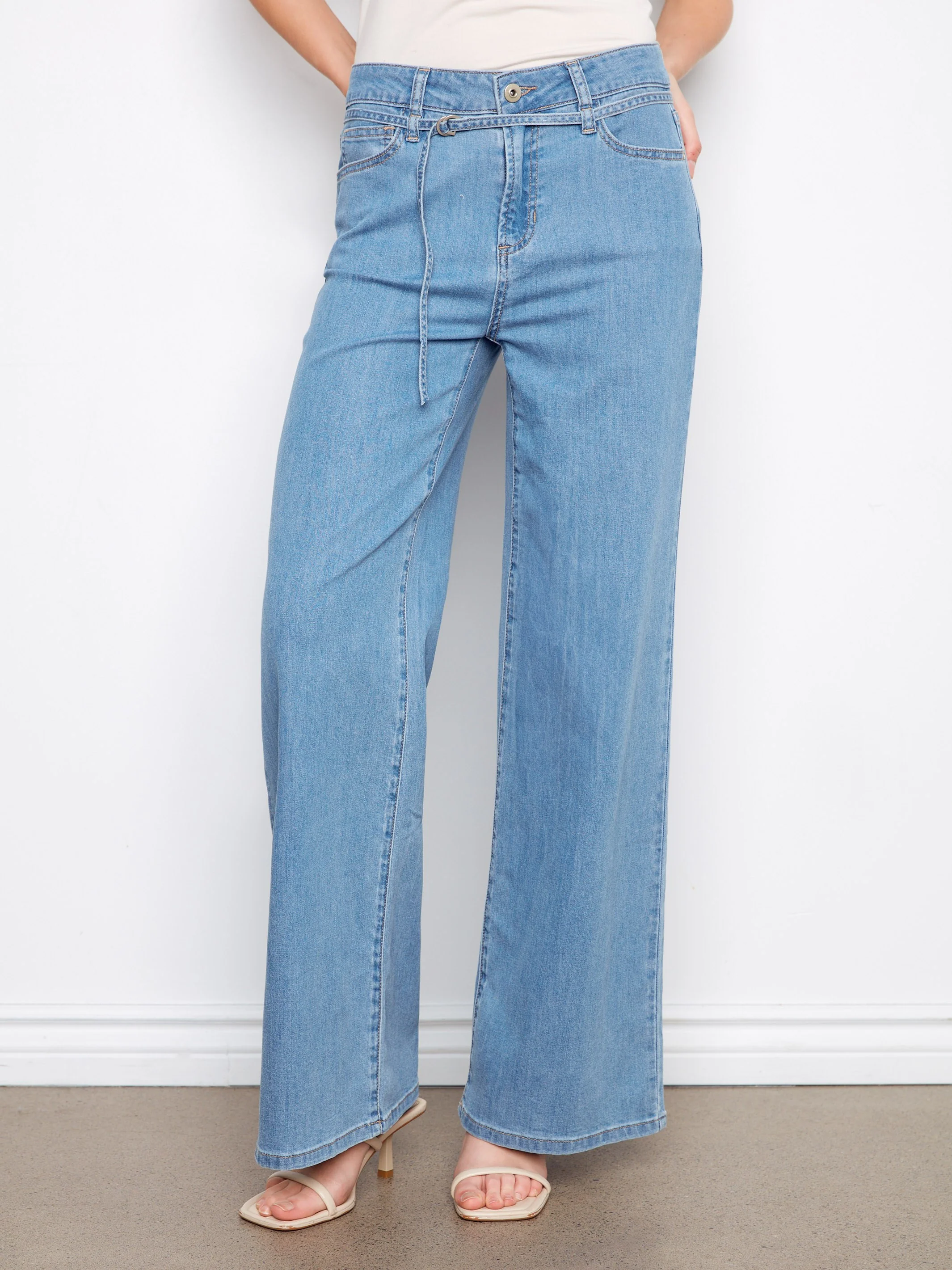 Belted Wide Leg Jeans - Light Blue - Image 7