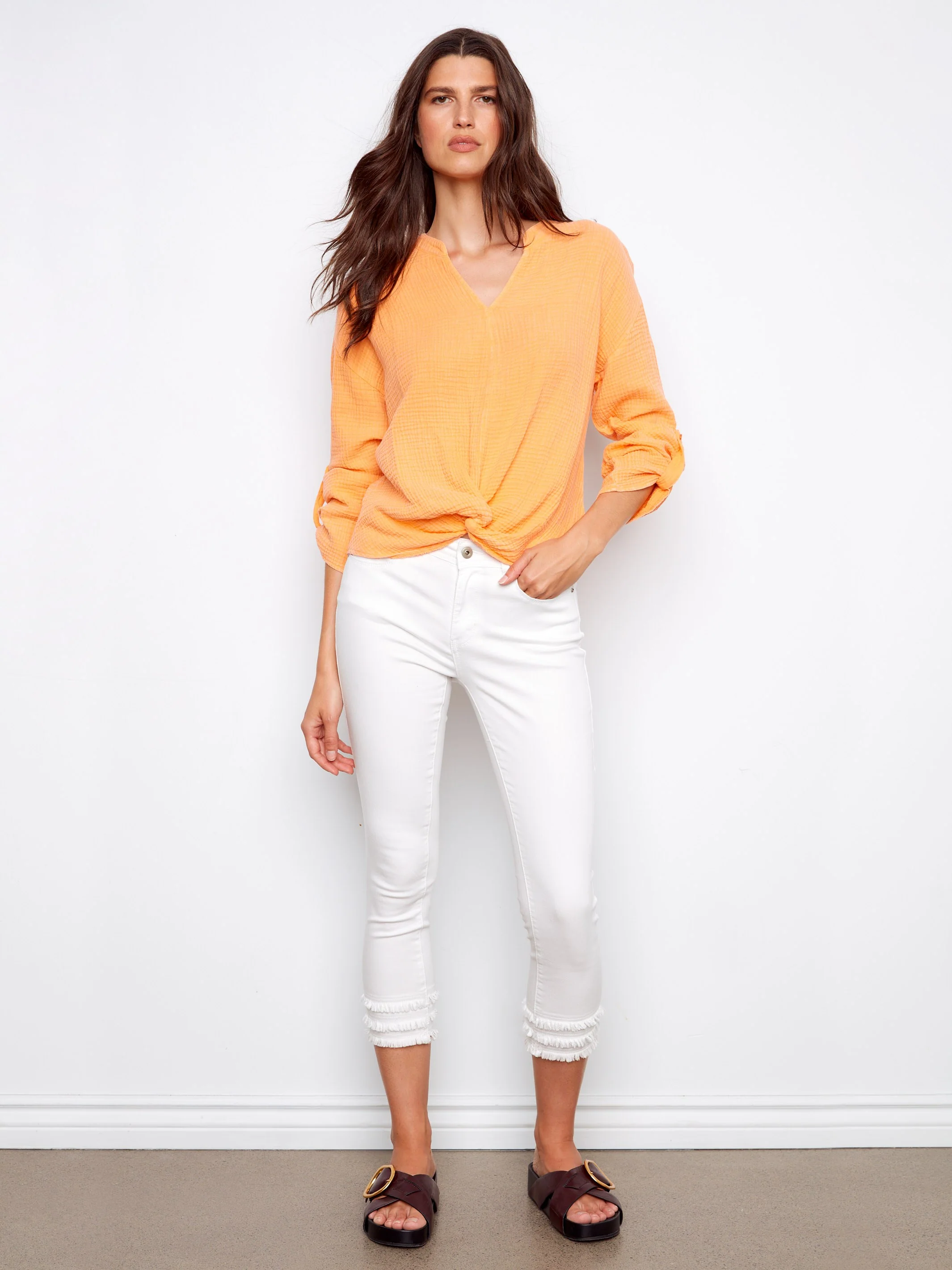 Bubble Cotton Blouse With Front Twist - Apricot - Image 2