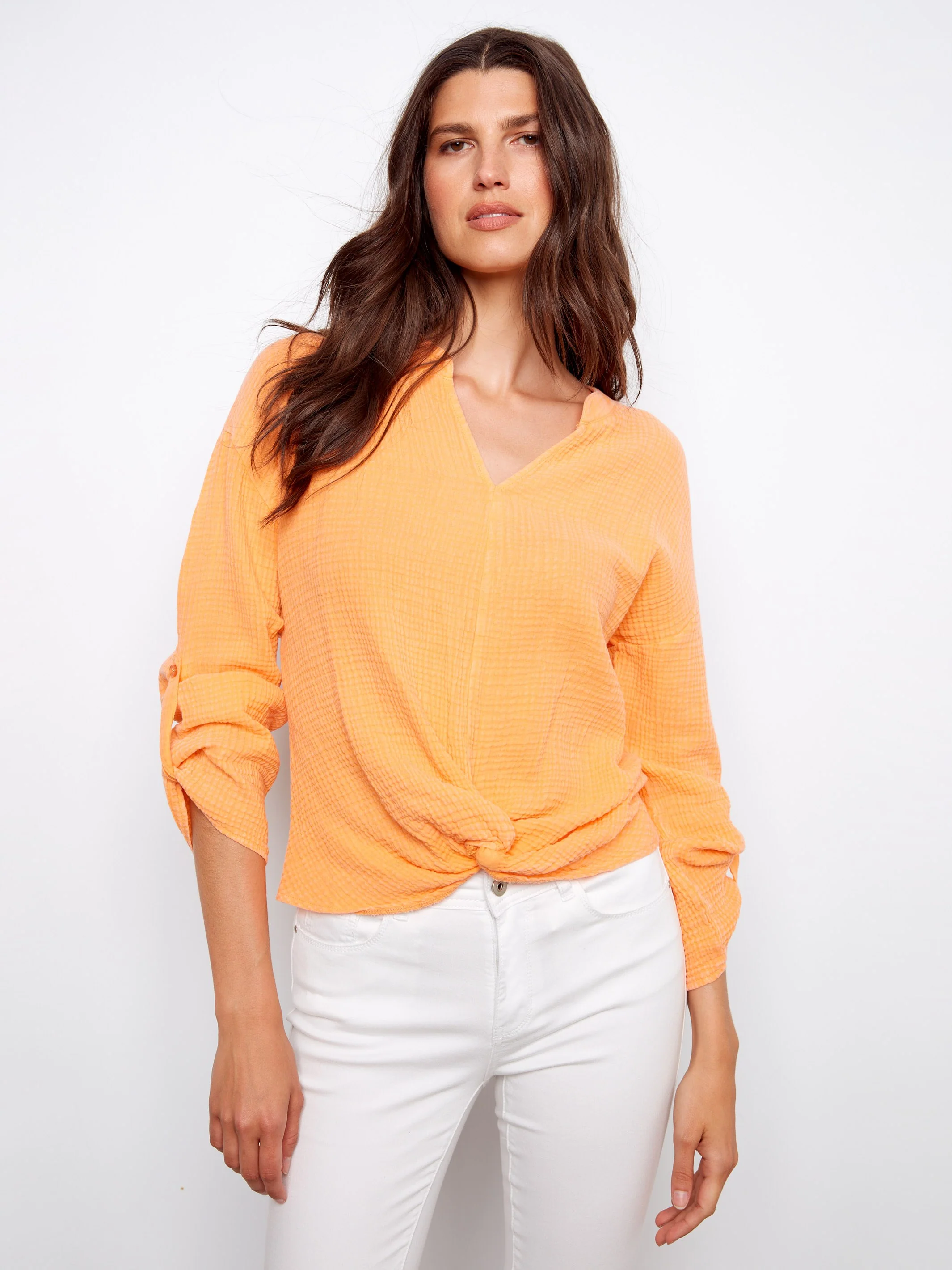 Bubble Cotton Blouse With Front Twist - Apricot - Image 3