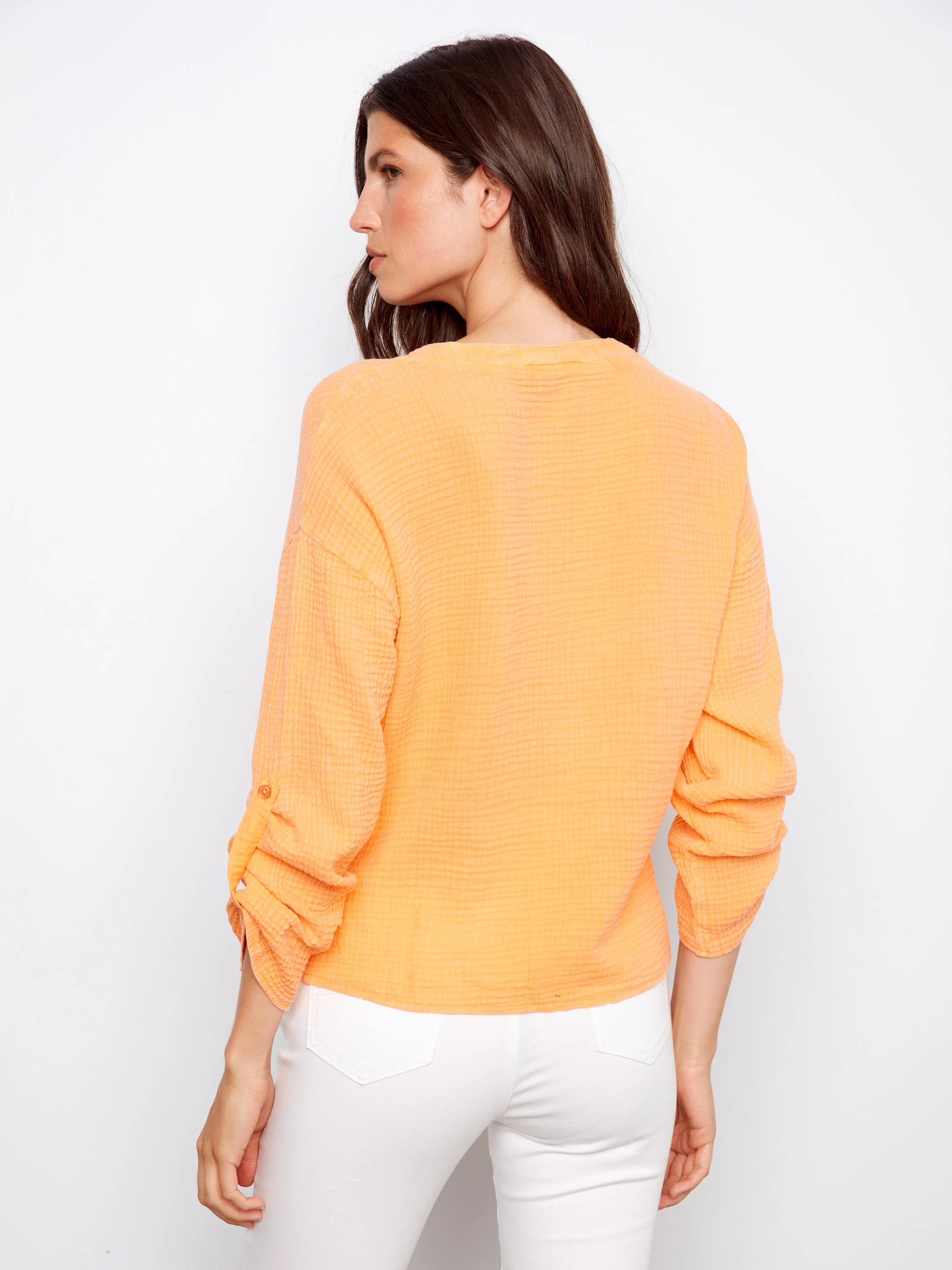 Bubble Cotton Blouse With Front Twist - Apricot - Image 4