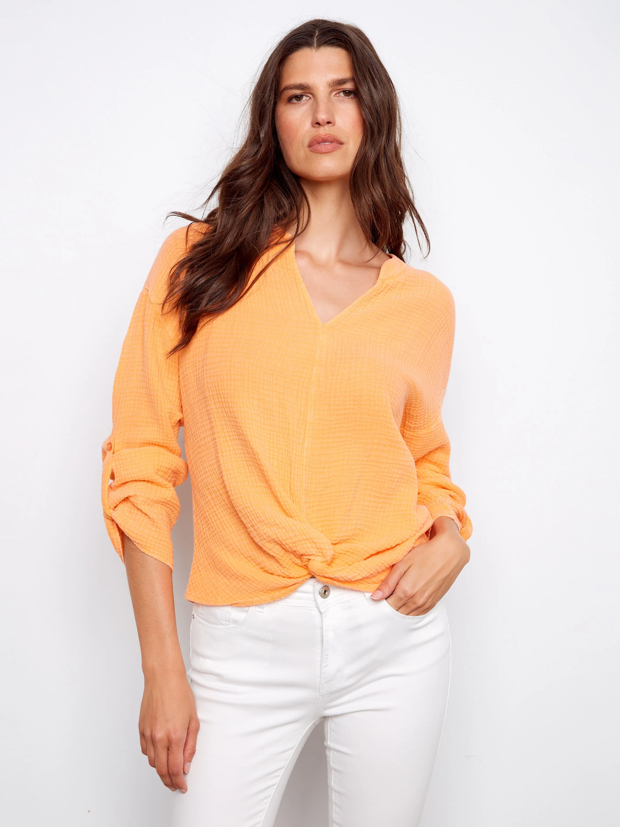 Bubble Cotton Blouse With Front Twist - Apricot - Image 5
