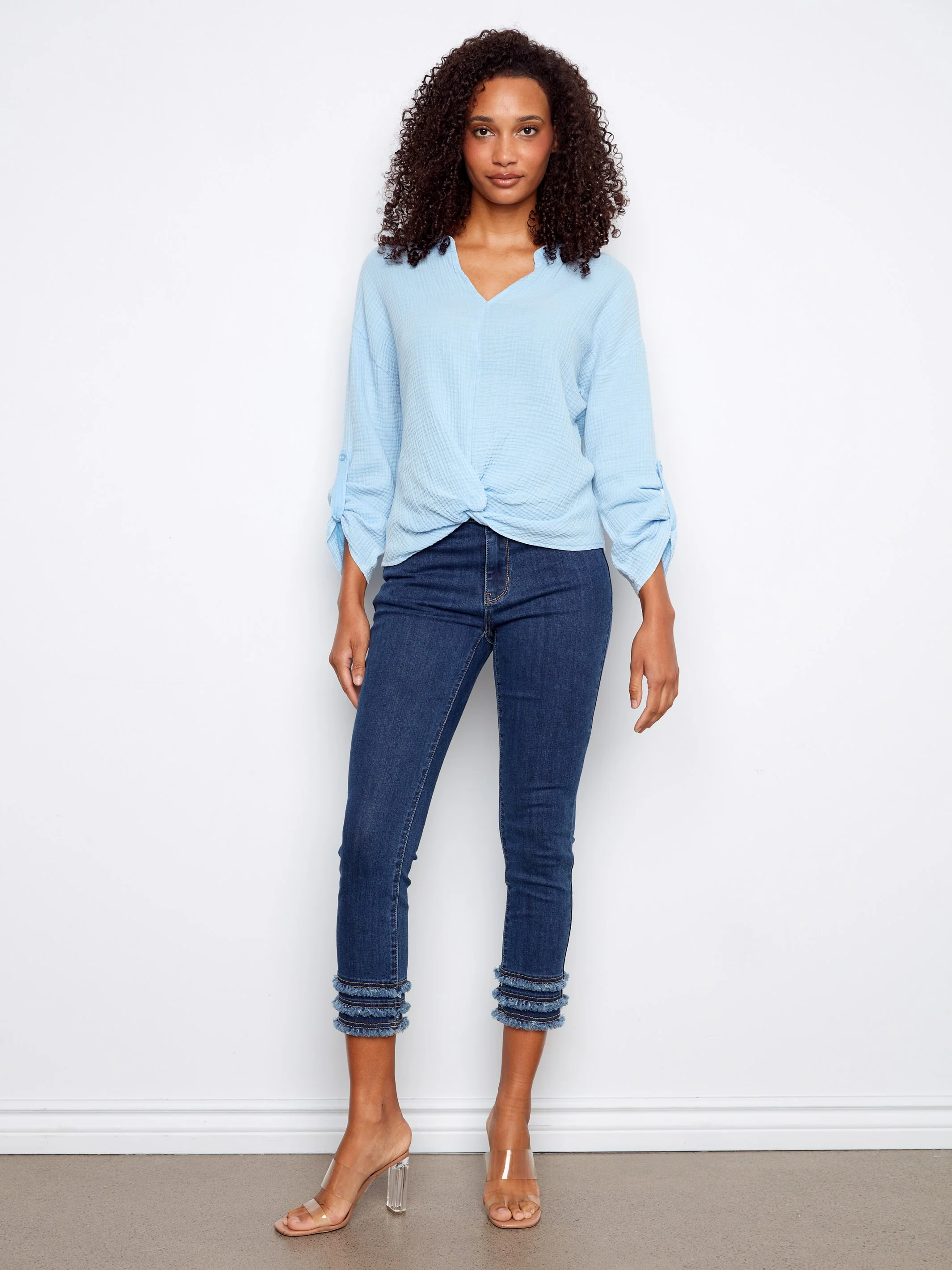 Bubble Cotton Blouse With Front Twist - Bluebell - Image 2