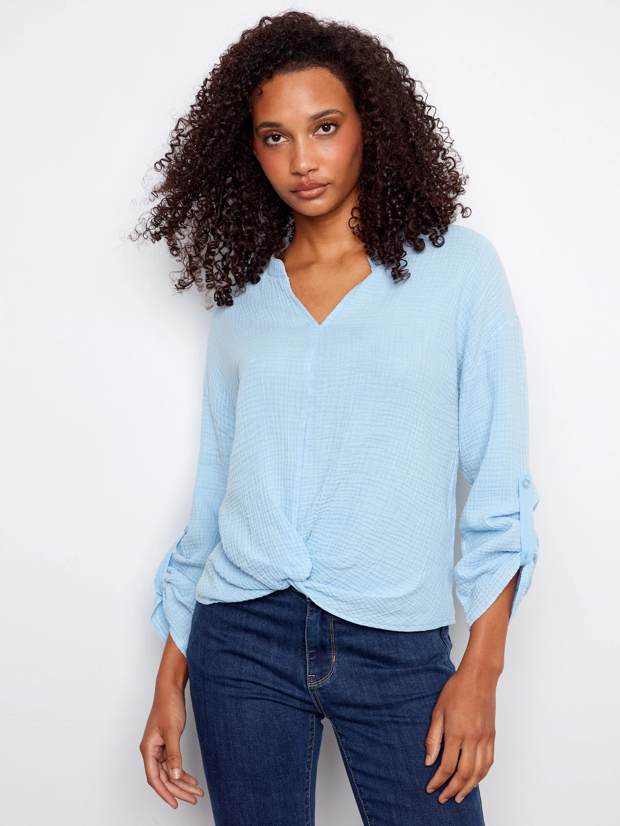Bubble Cotton Blouse With Front Twist - Bluebell - Image 3