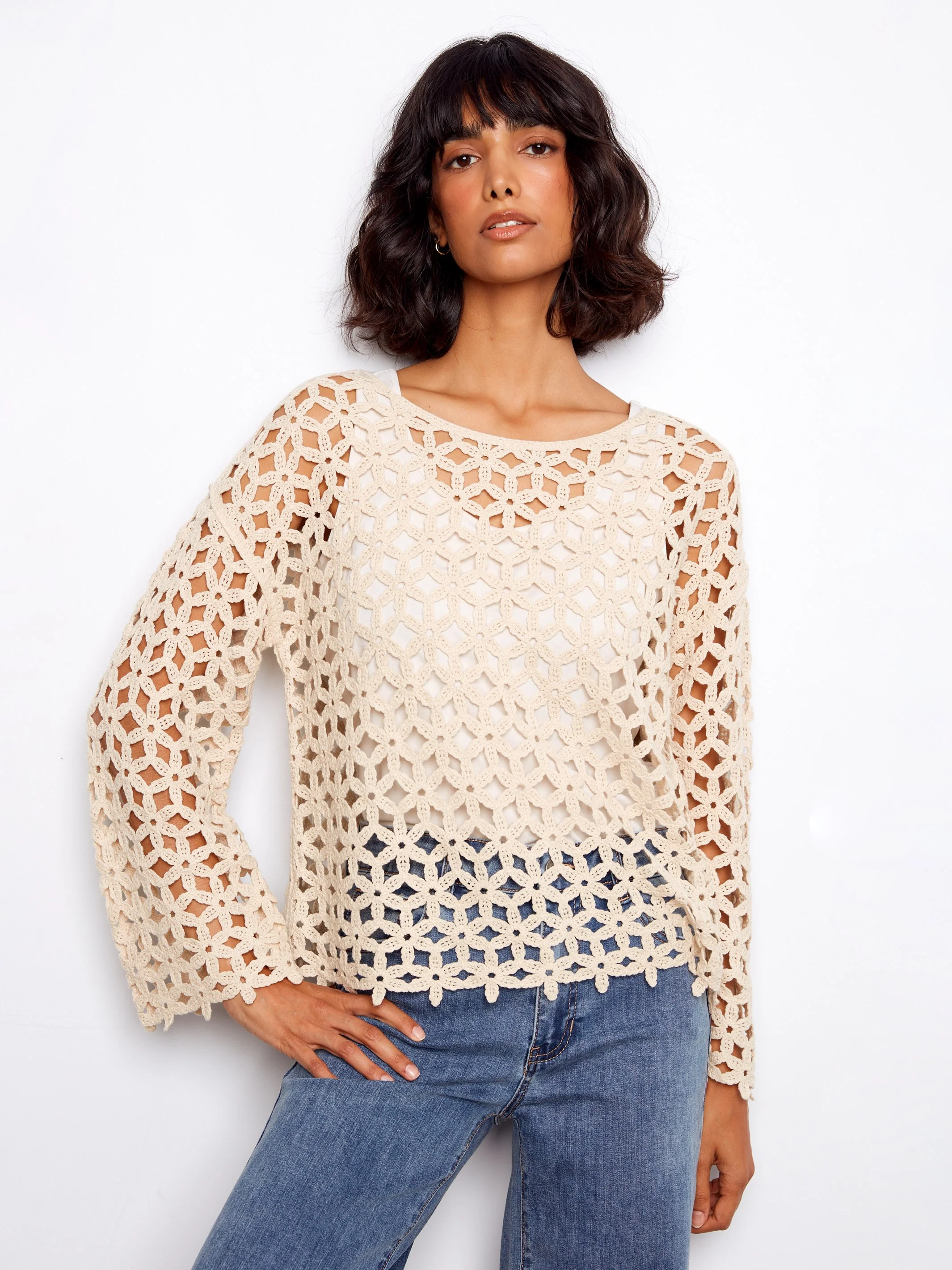 Cotton Blend Crochet Flower Top - Natural