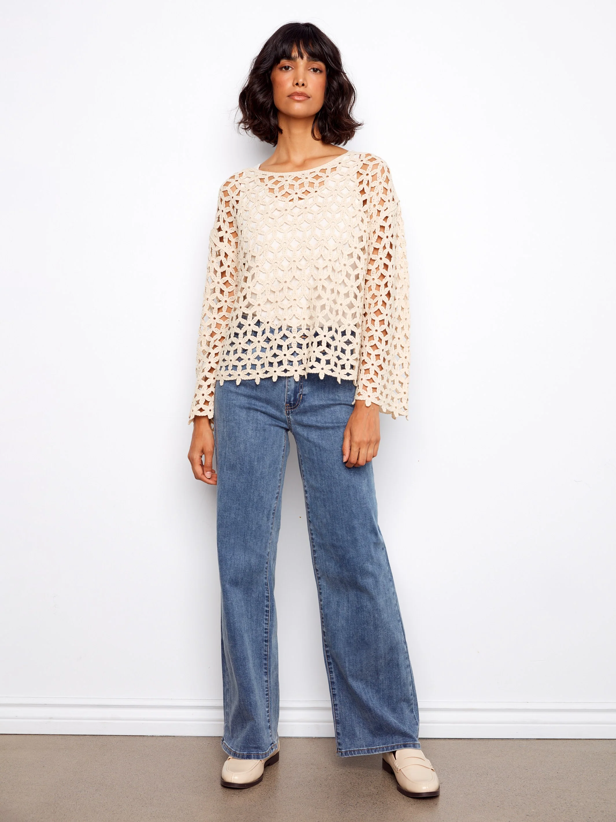 Cotton Blend Crochet Flower Top - Natural - Image 2
