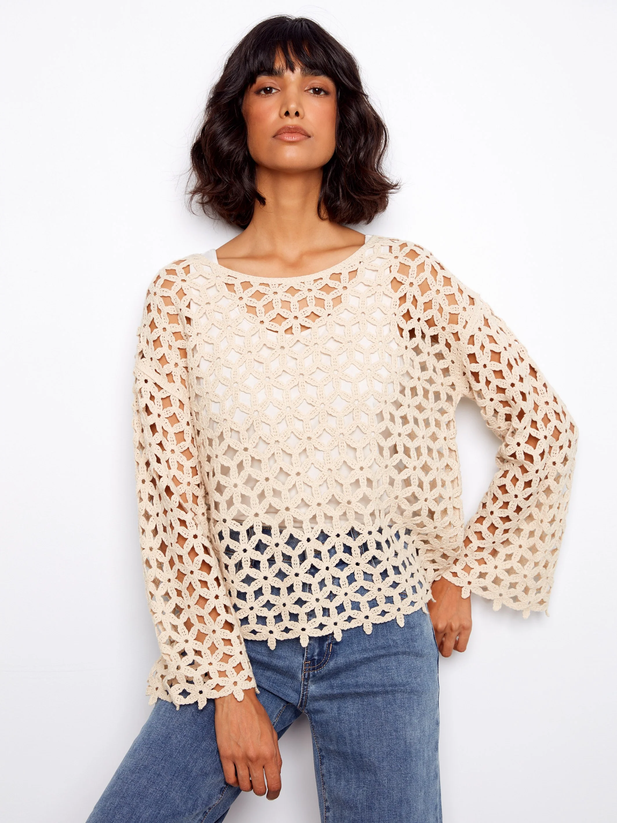 Cotton Blend Crochet Flower Top - Natural - Image 4