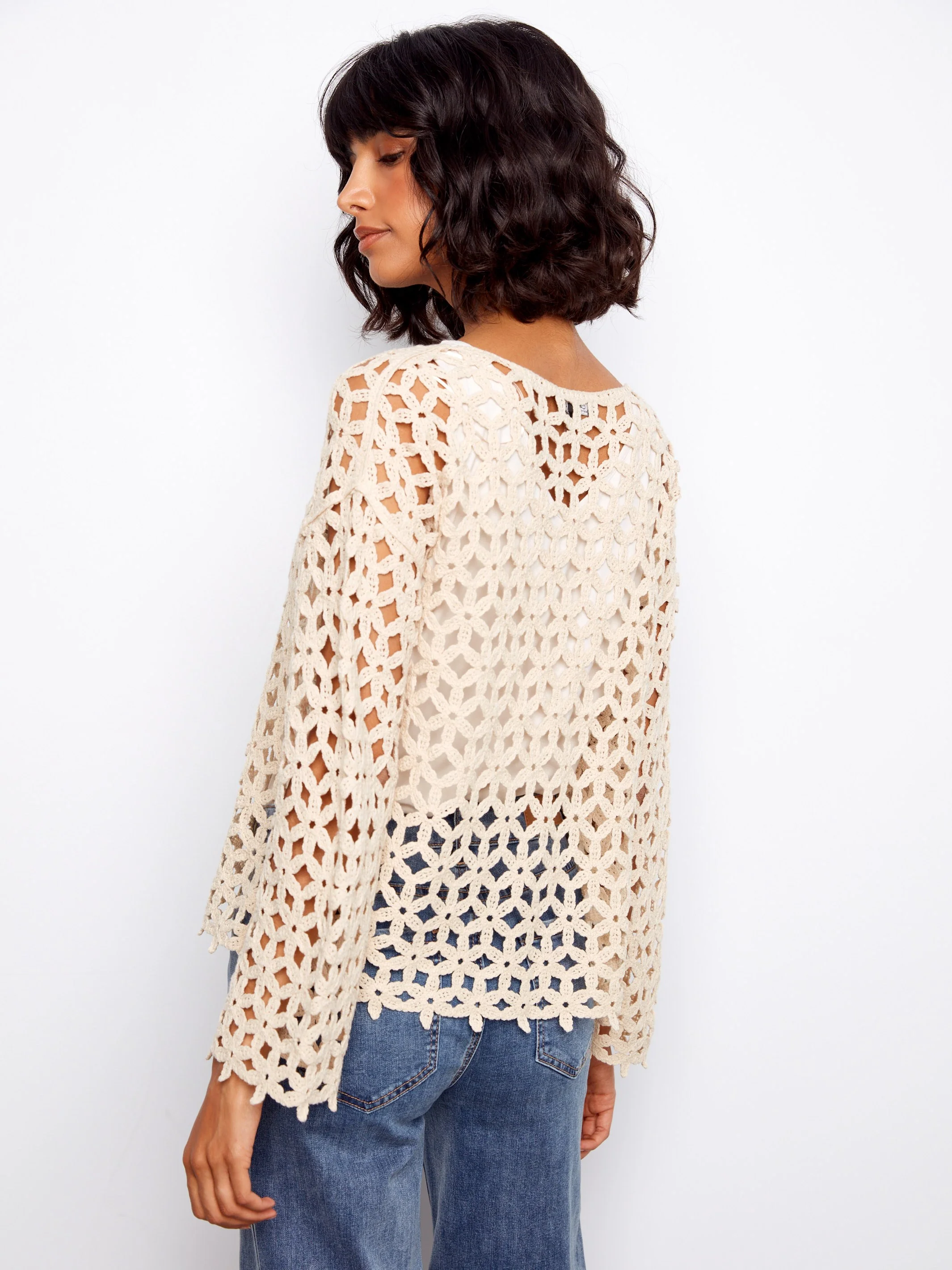 Cotton Blend Crochet Flower Top - Natural - Image 5
