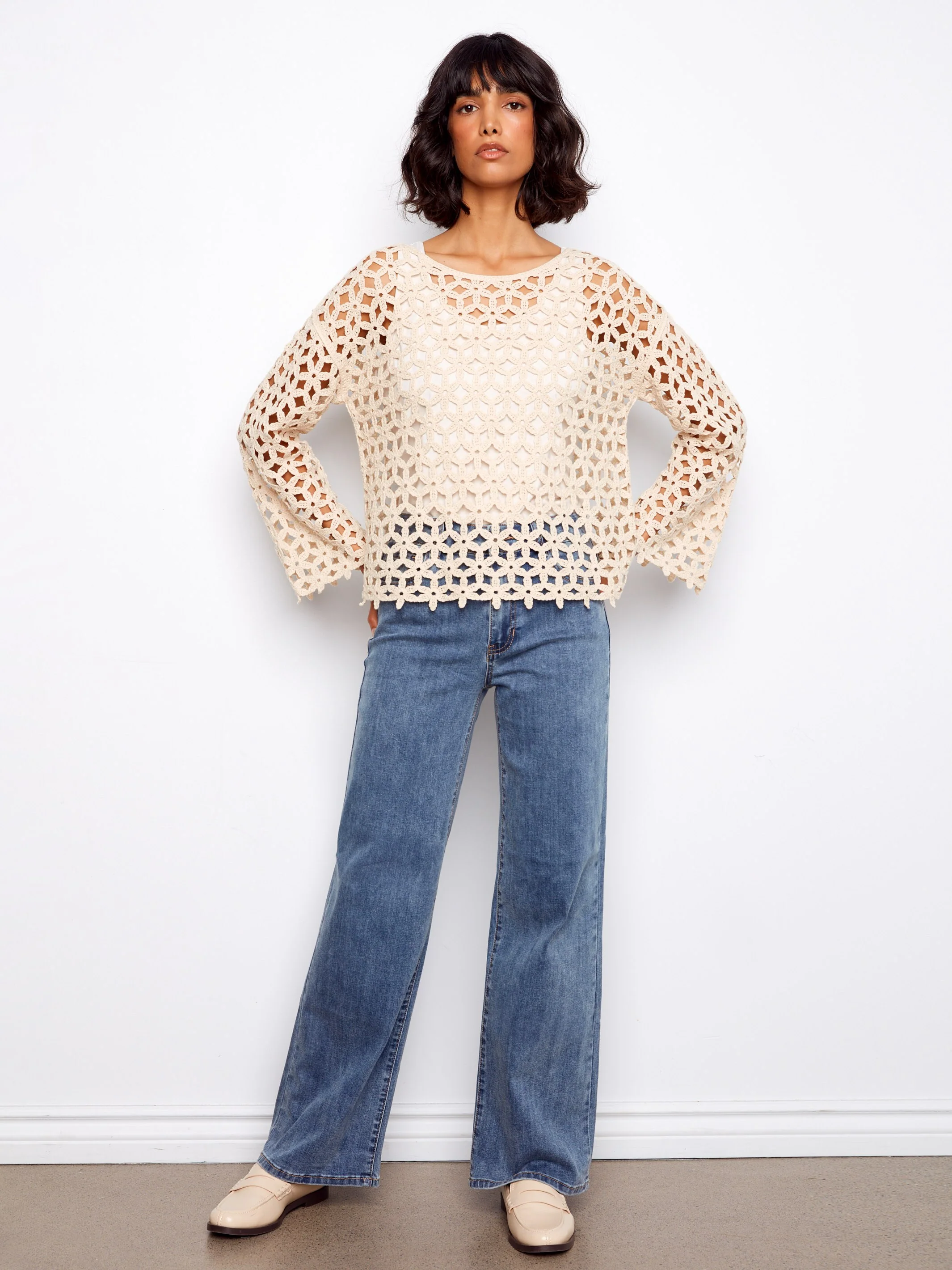 Cotton Blend Crochet Flower Top - Natural - Image 6