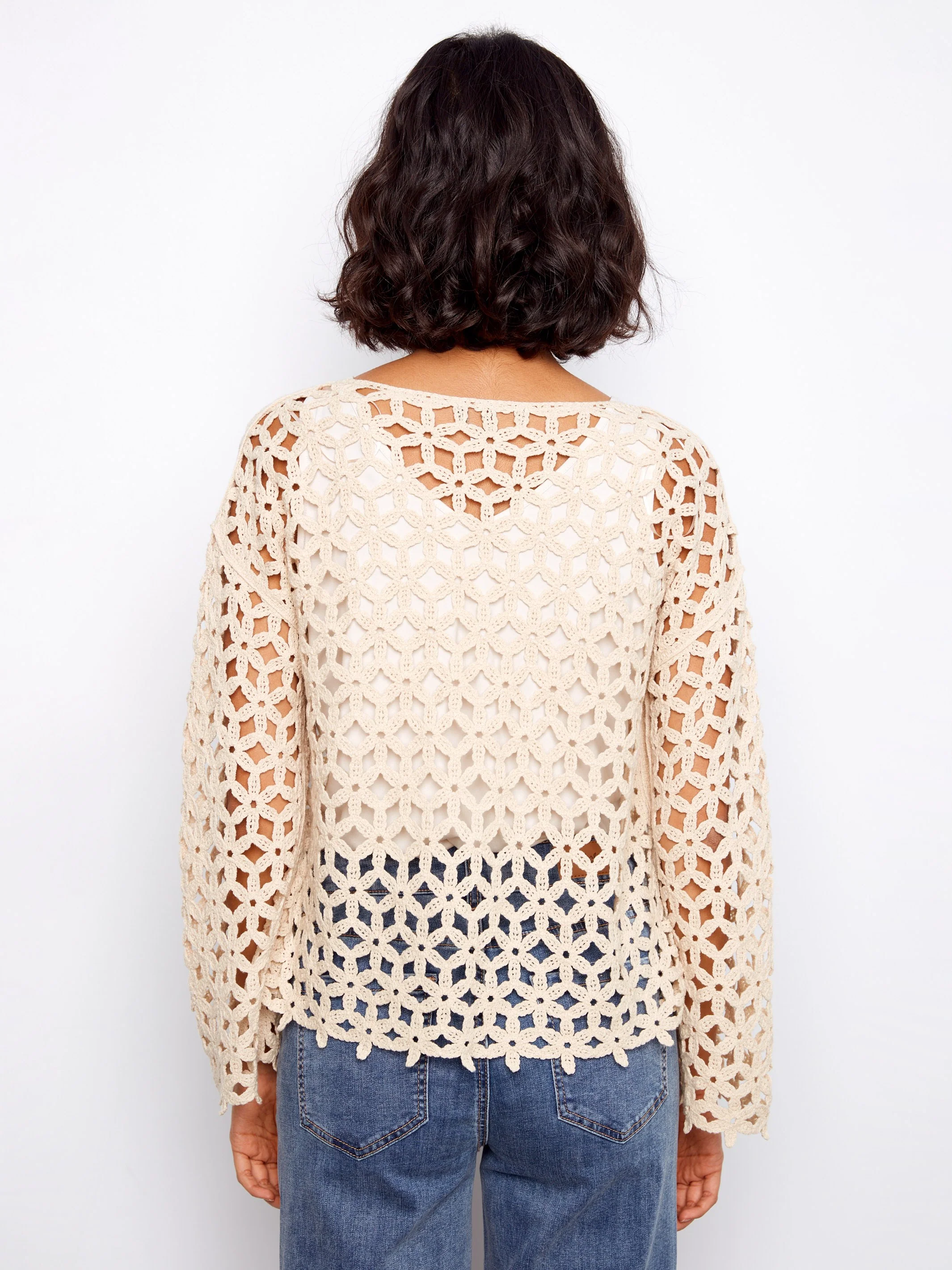 Cotton Blend Crochet Flower Top - Natural - Image 7