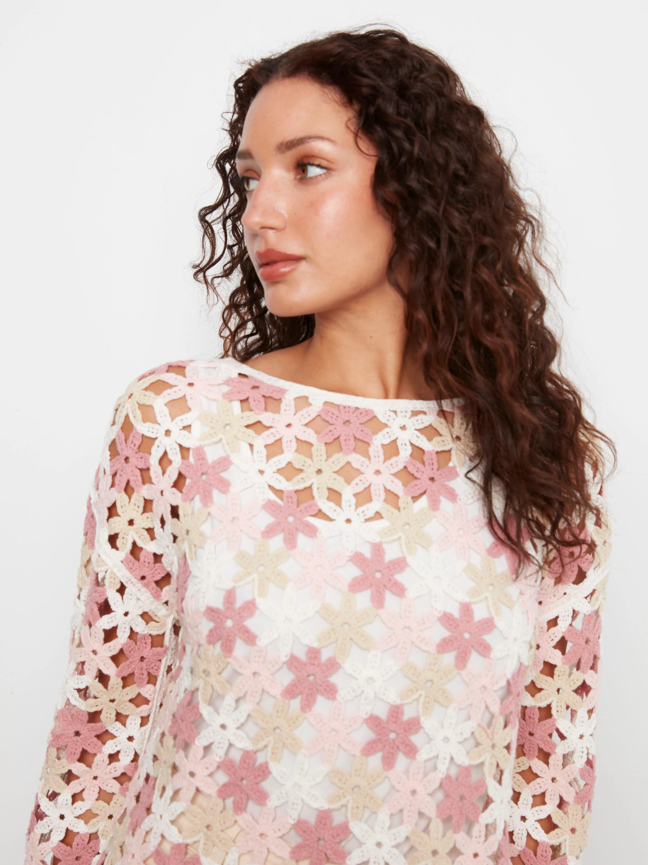 Cotton Blend Crochet Flower Top - Carnation - Image 2