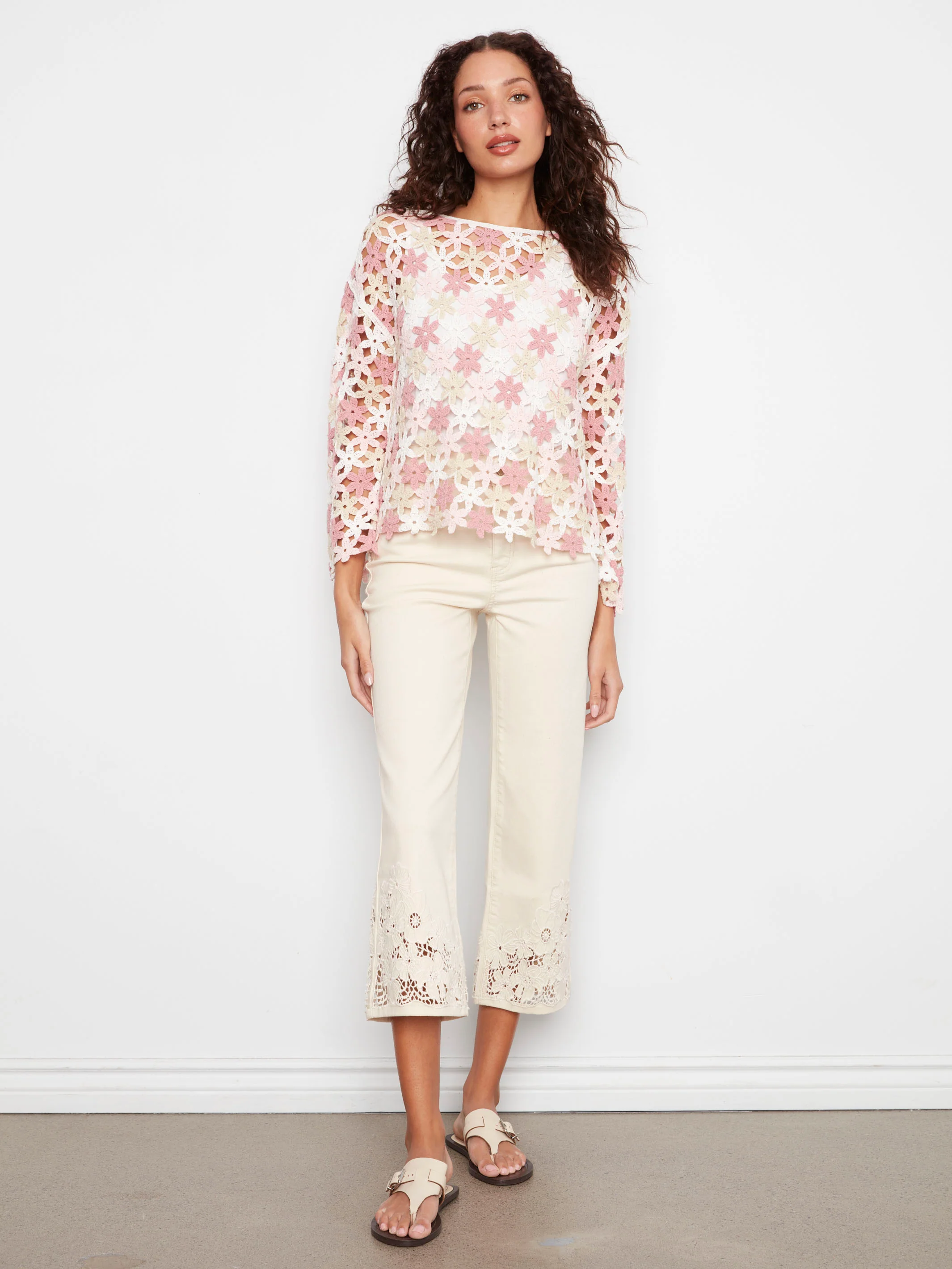 Cotton Blend Crochet Flower Top - Carnation - Image 3