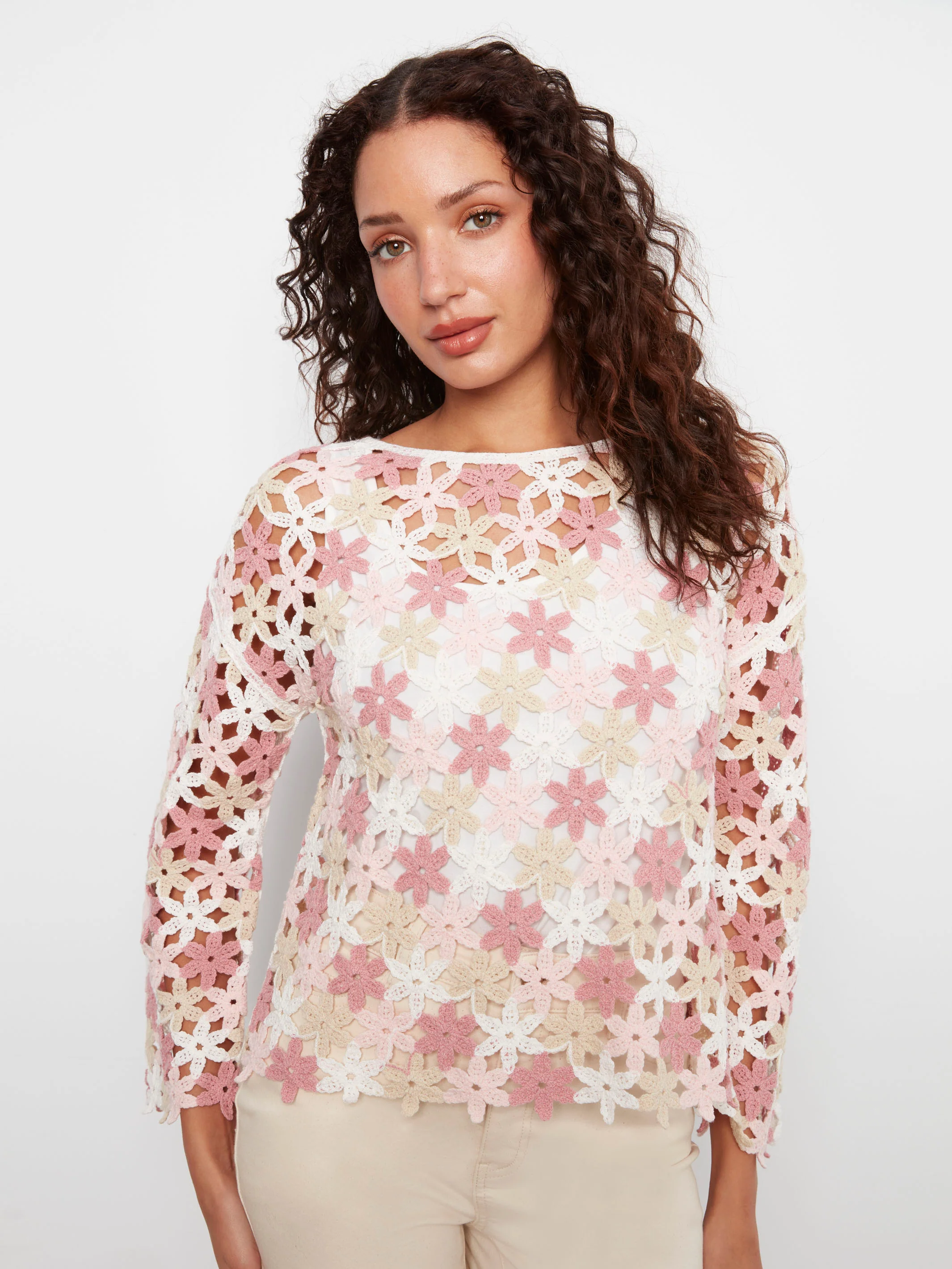 Cotton Blend Crochet Flower Top - Carnation - Image 4