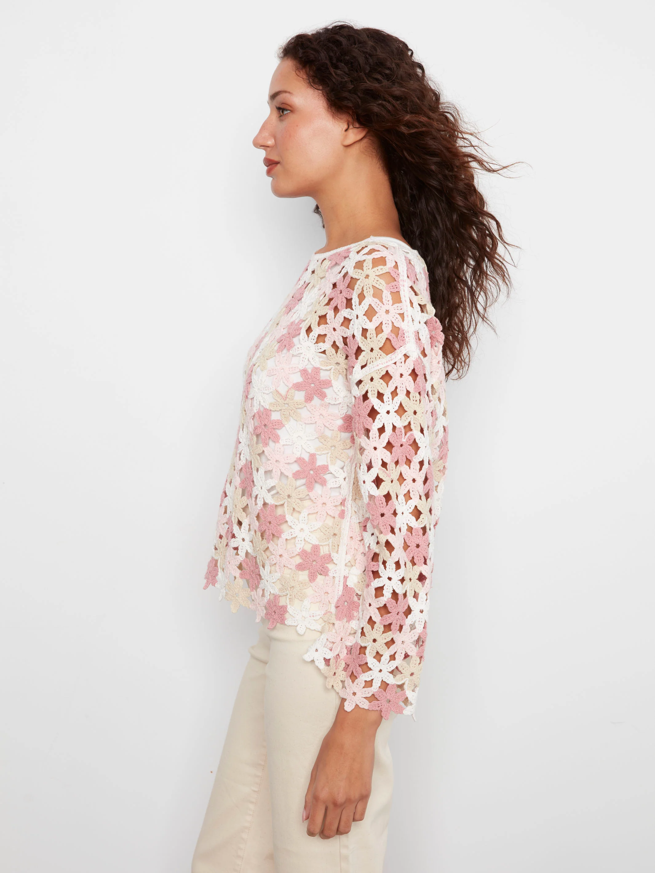 Cotton Blend Crochet Flower Top - Carnation - Image 5