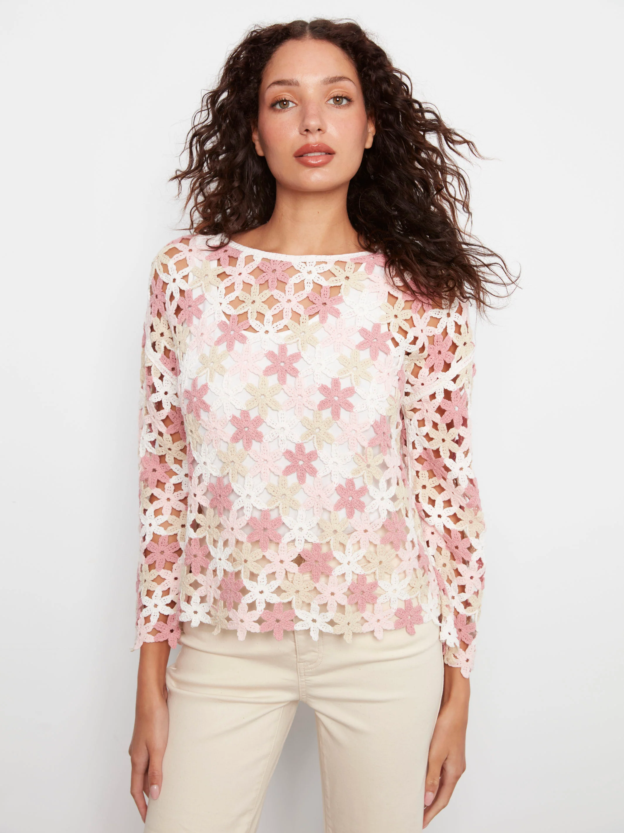 Cotton Blend Crochet Flower Top - Carnation - Image 7