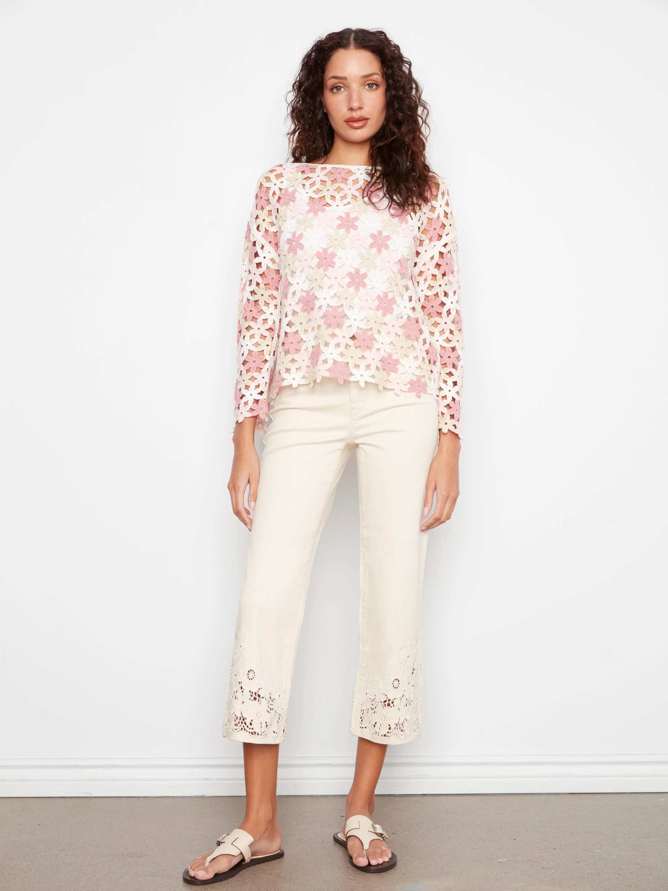 Cotton Blend Crochet Flower Top - Carnation - Image 8