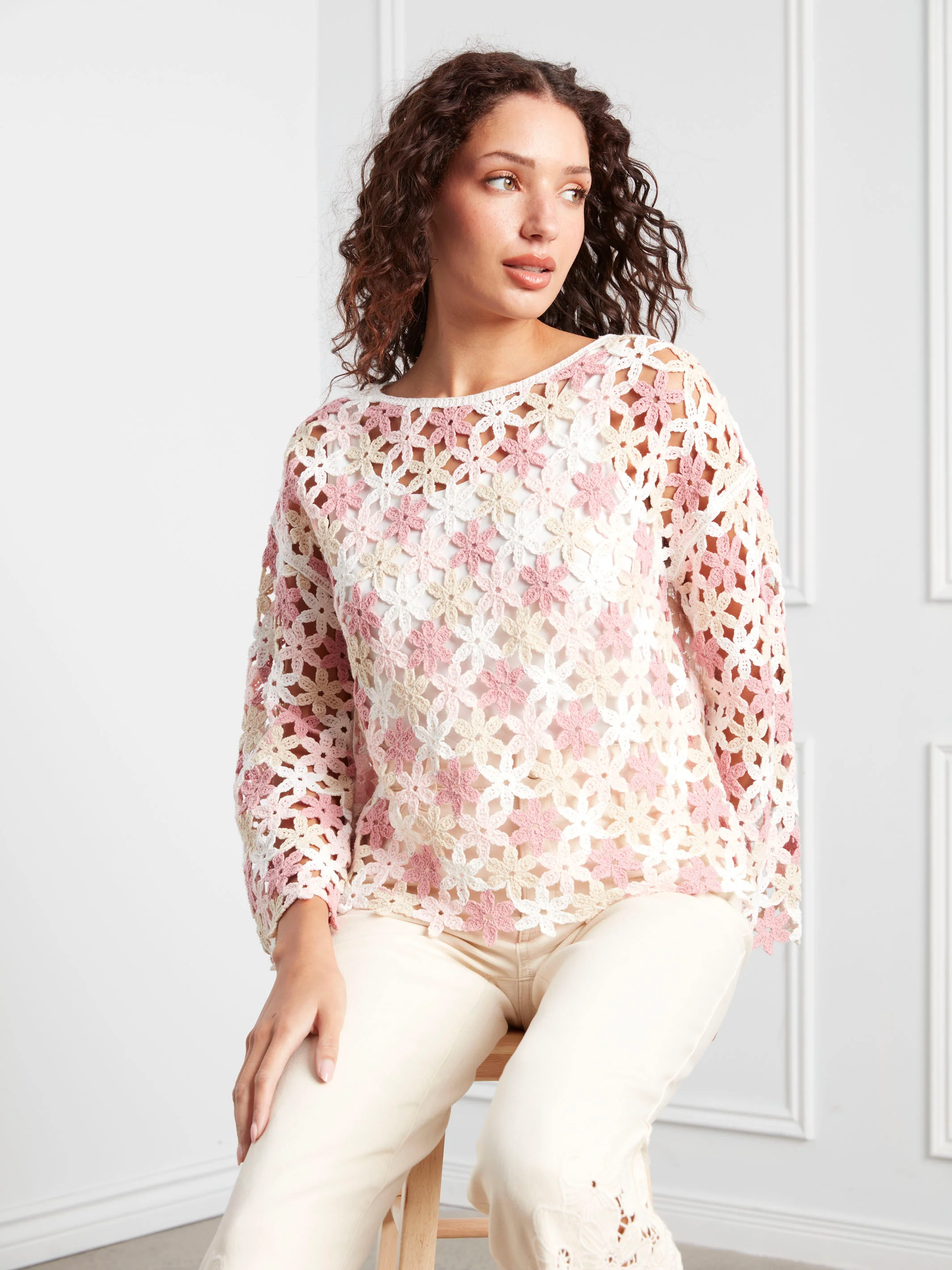 Cotton Blend Crochet Flower Top - Carnation - Image 9