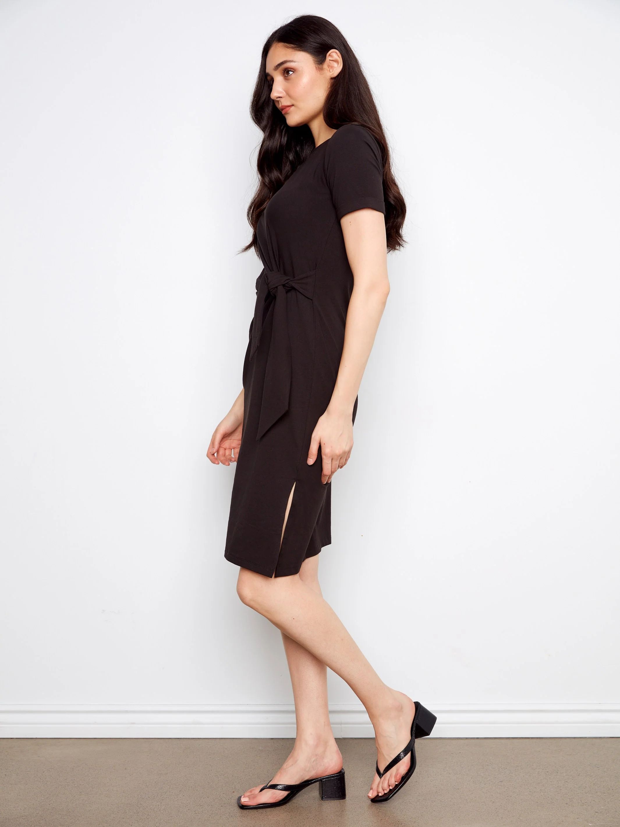 Cotton Boat Neck Dress - Black - Image 3