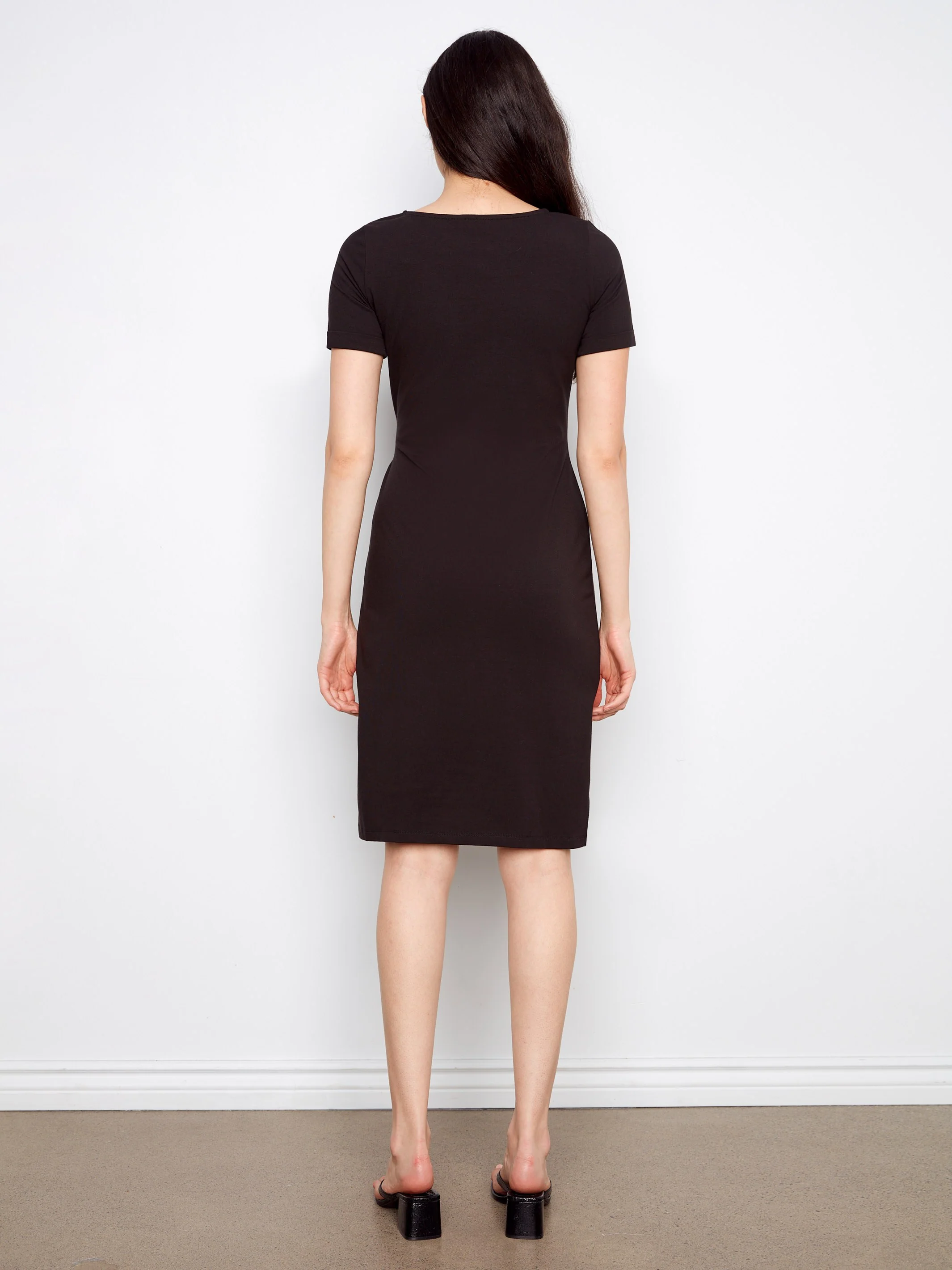 Cotton Boat Neck Dress - Black - Image 5