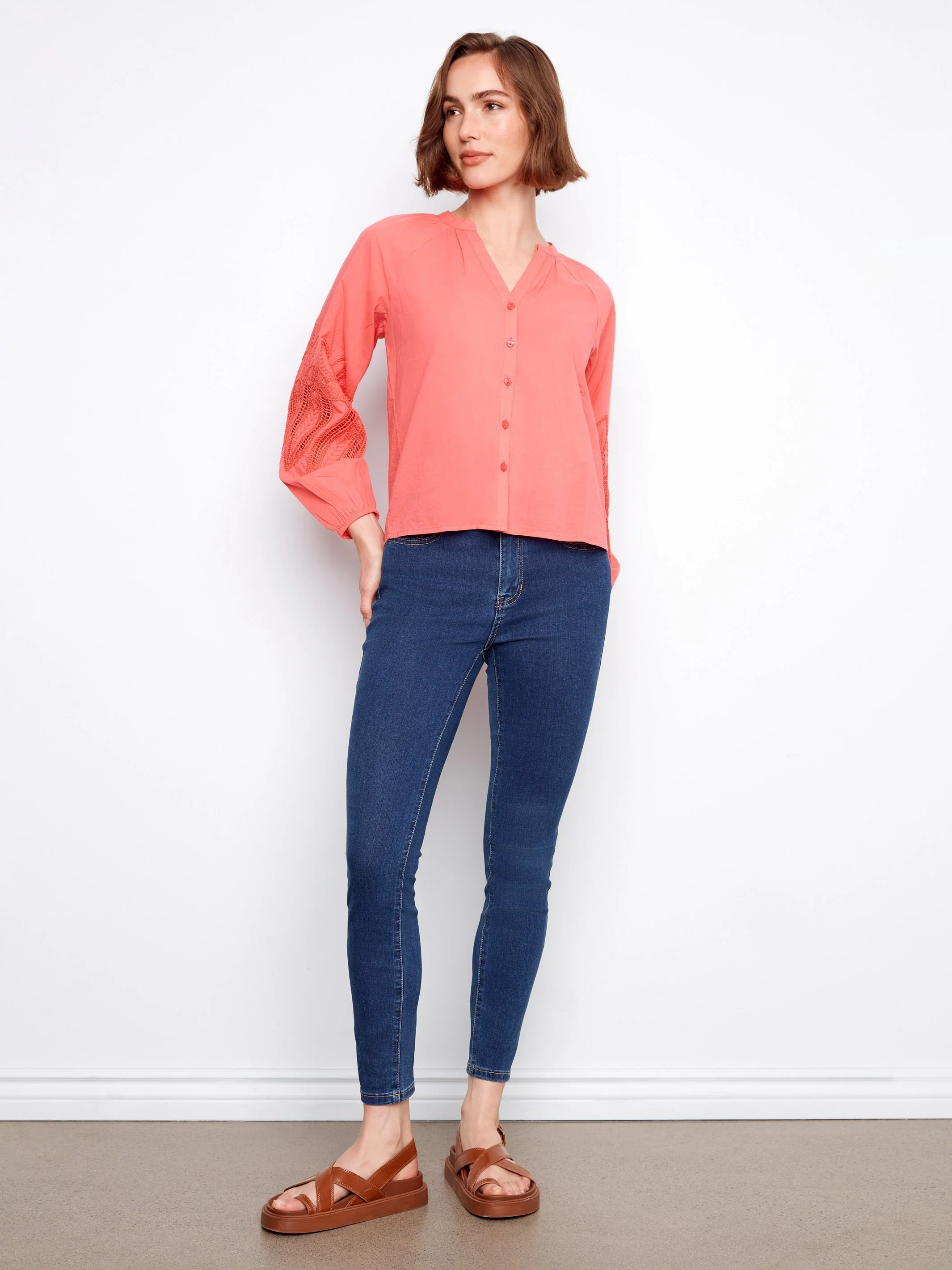 Cotton Button-Front Embroidered Blouse - Sorbet - Image 2