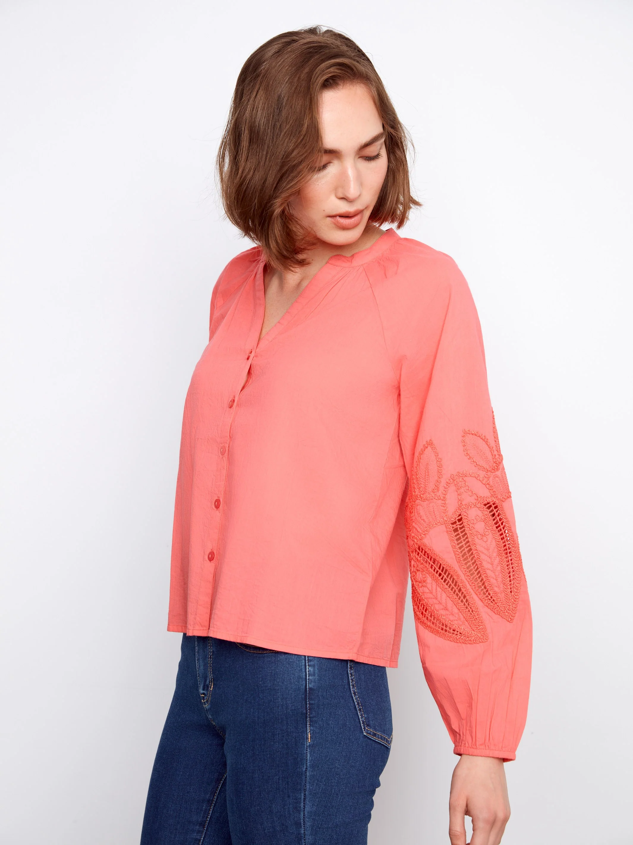 Cotton Button-Front Embroidered Blouse - Sorbet - Image 3