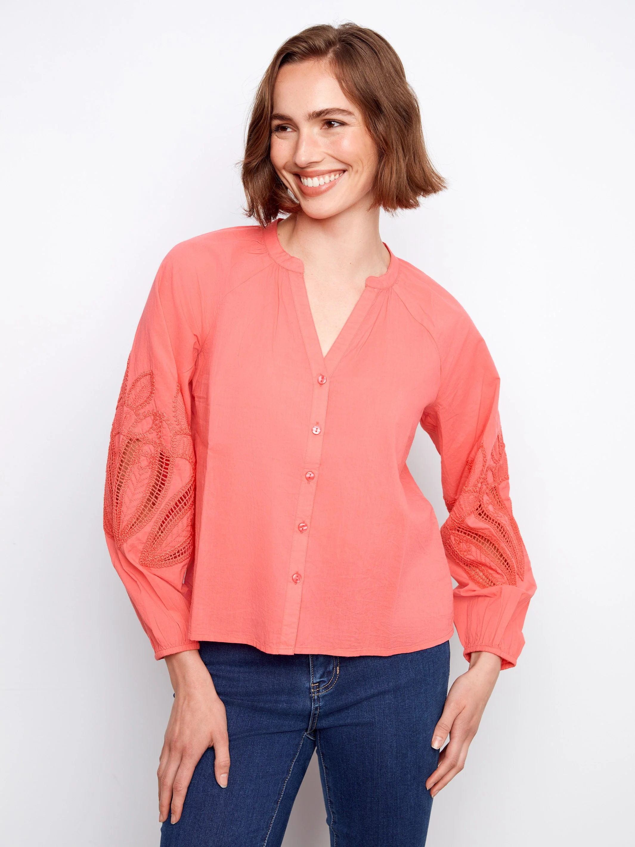 Cotton Button-Front Embroidered Blouse - Sorbet - Image 4
