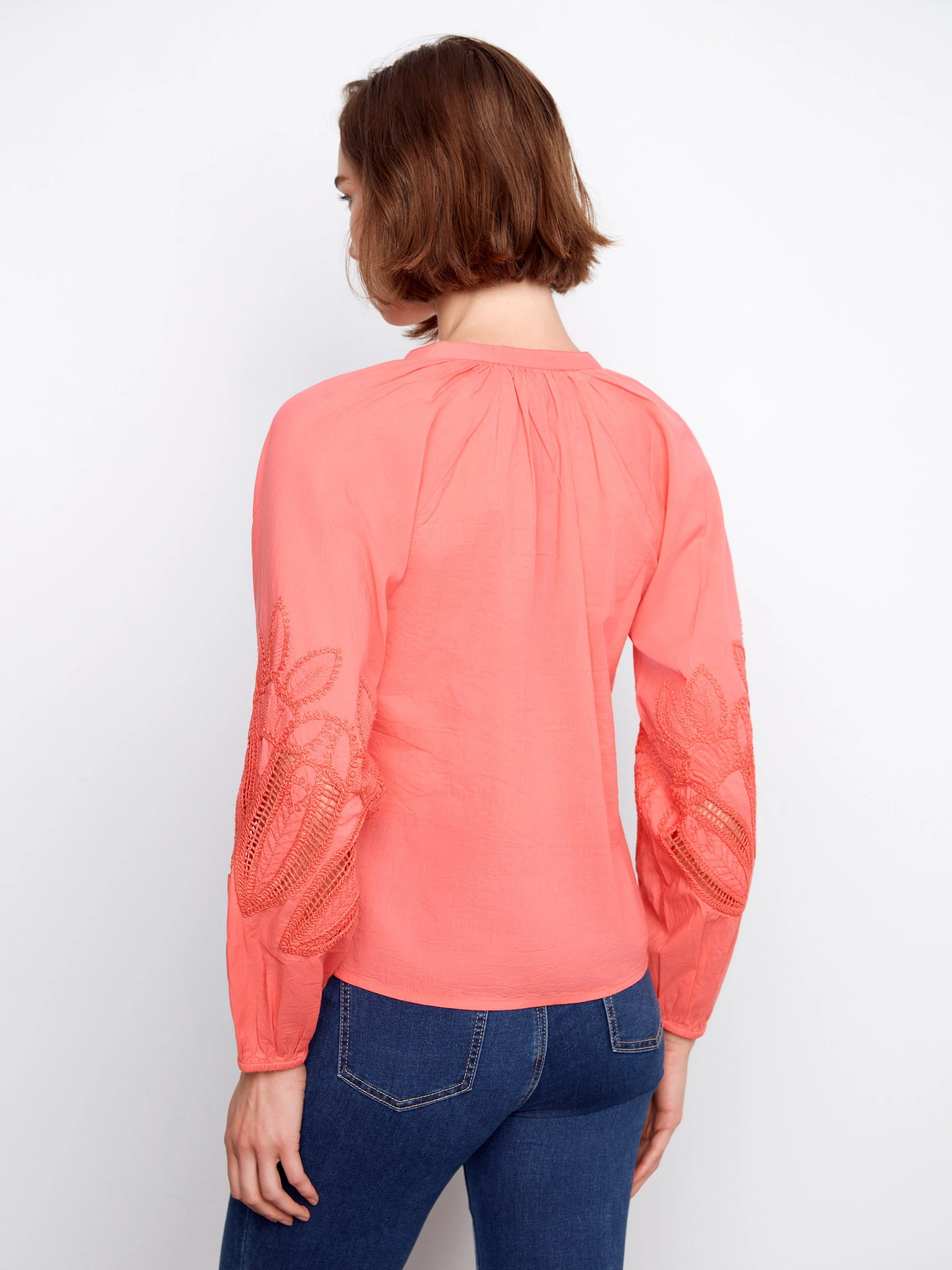 Cotton Button-Front Embroidered Blouse - Sorbet - Image 5