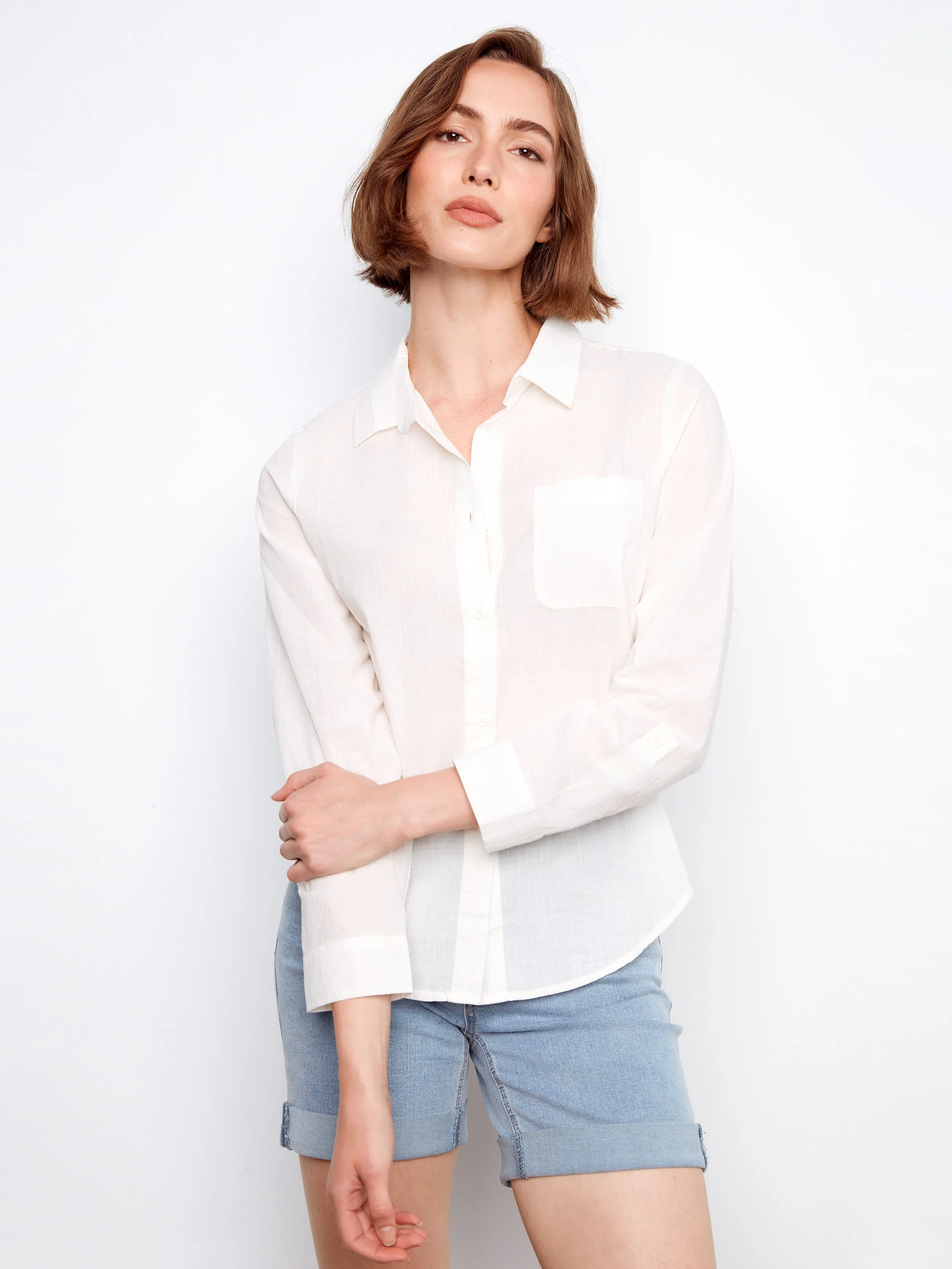 Cotton Button-Up Shirt - White - Image 2