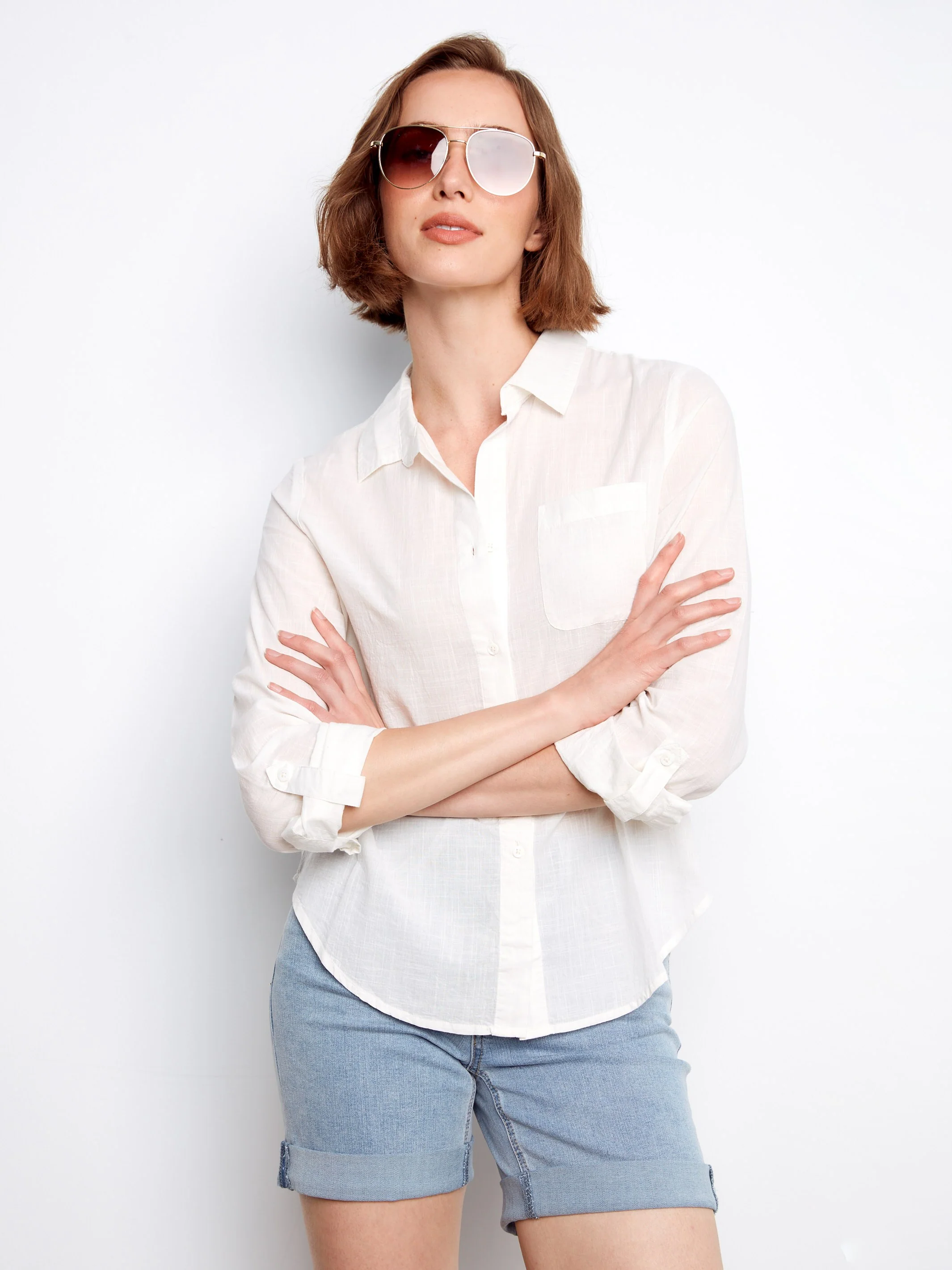 Cotton Button-Up Shirt - White - Image 7