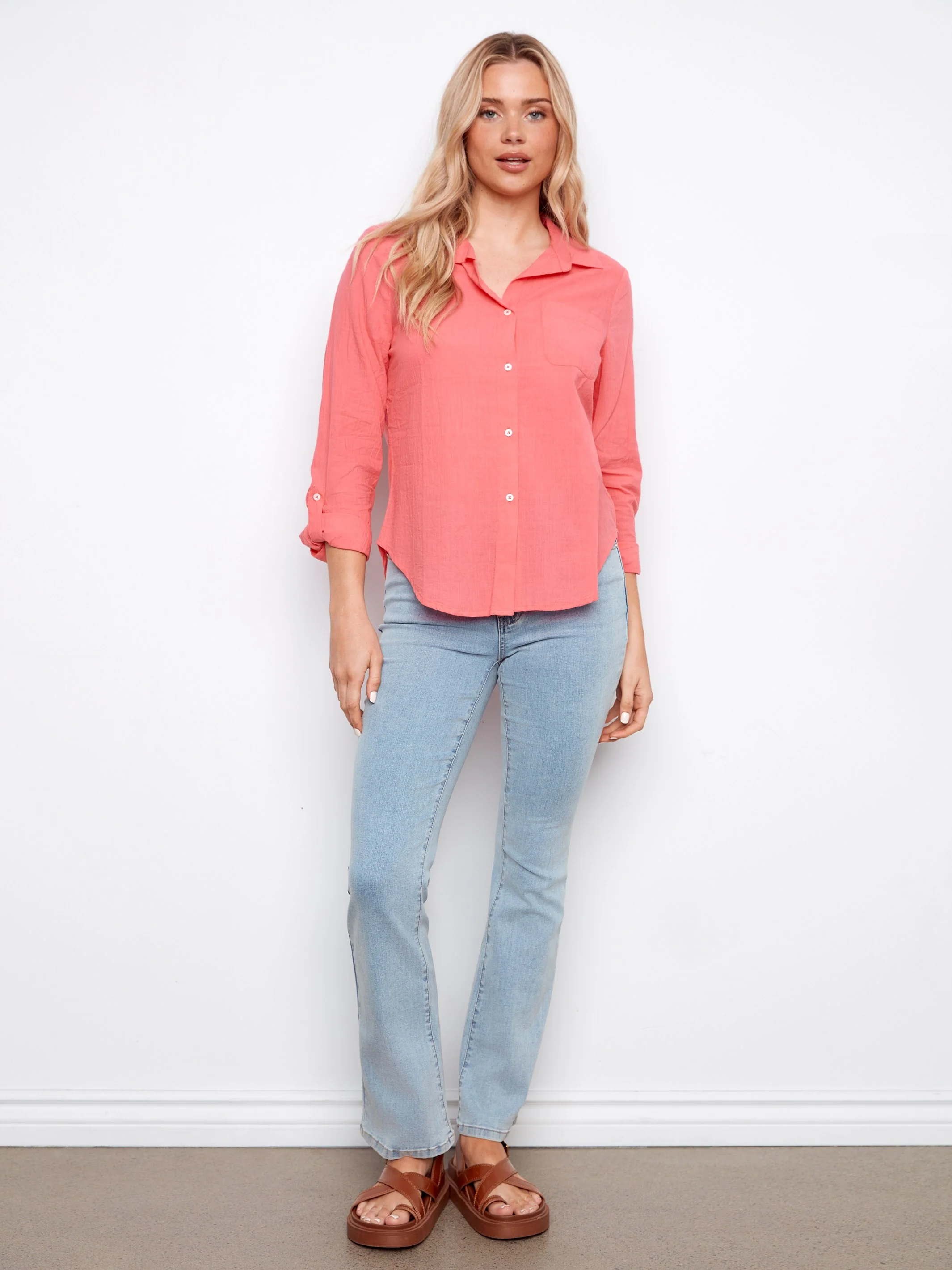 Cotton Button-Up Shirt - Sorbet - Image 3