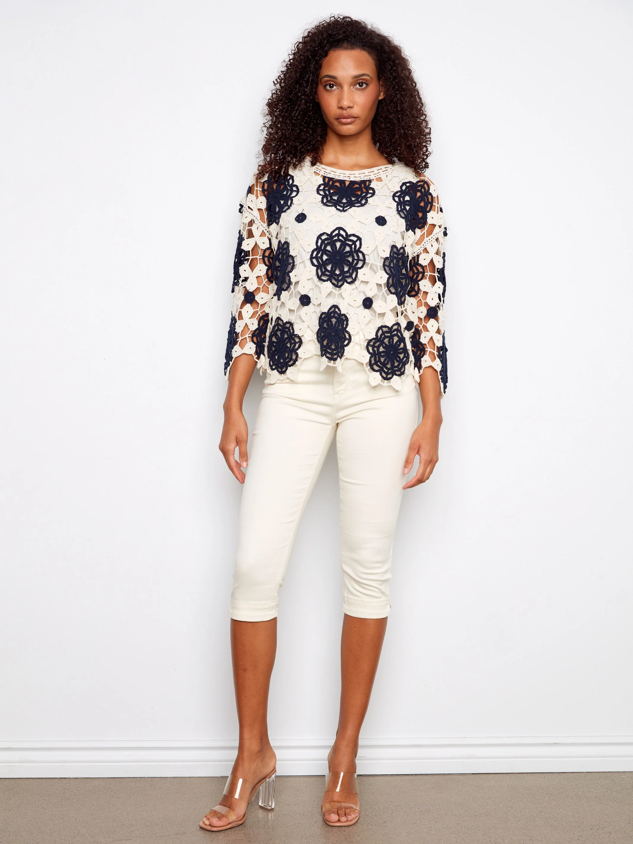 Cotton Crochet Flower Top - Navy - Image 2