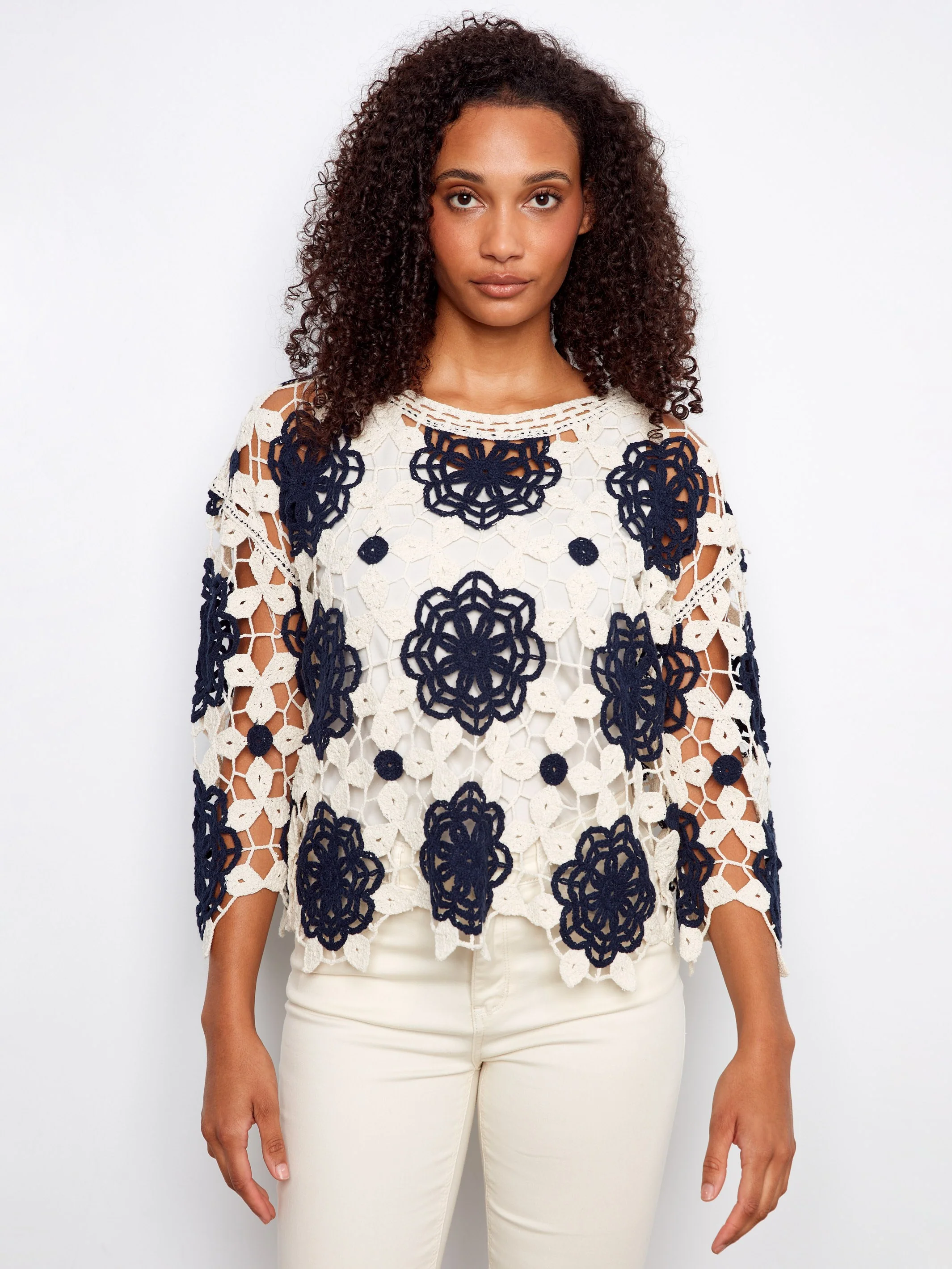 Cotton Crochet Flower Top - Navy - Image 3
