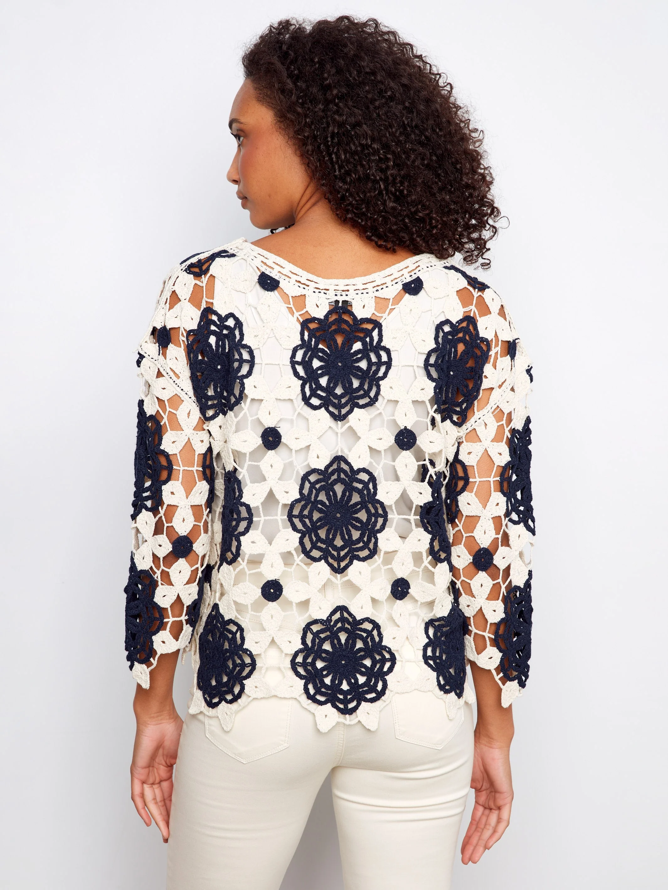 Cotton Crochet Flower Top - Navy - Image 4
