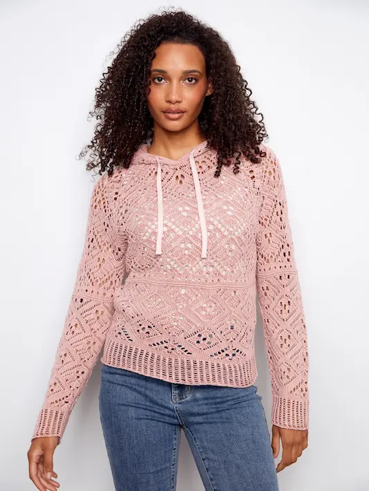 Cotton Crochet Hoodie Sweater - Carnation - Image 4