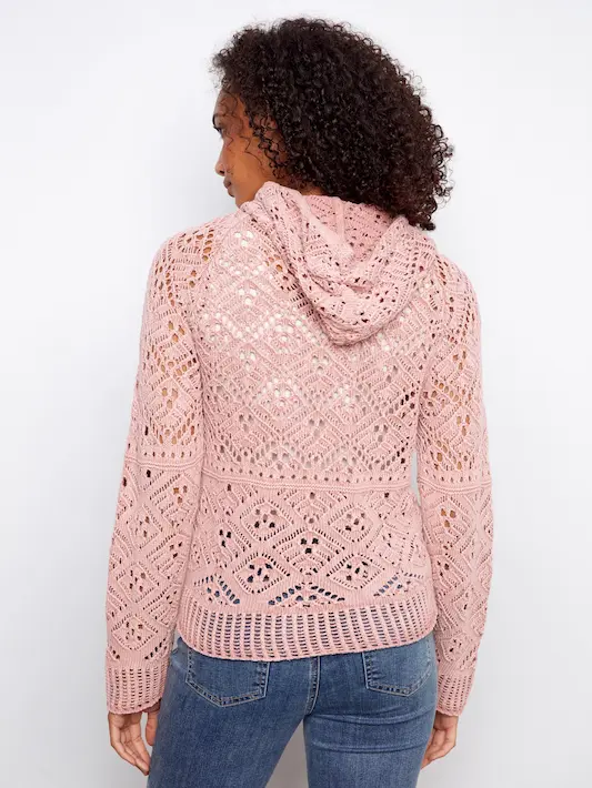 Cotton Crochet Hoodie Sweater - Carnation - Image 5