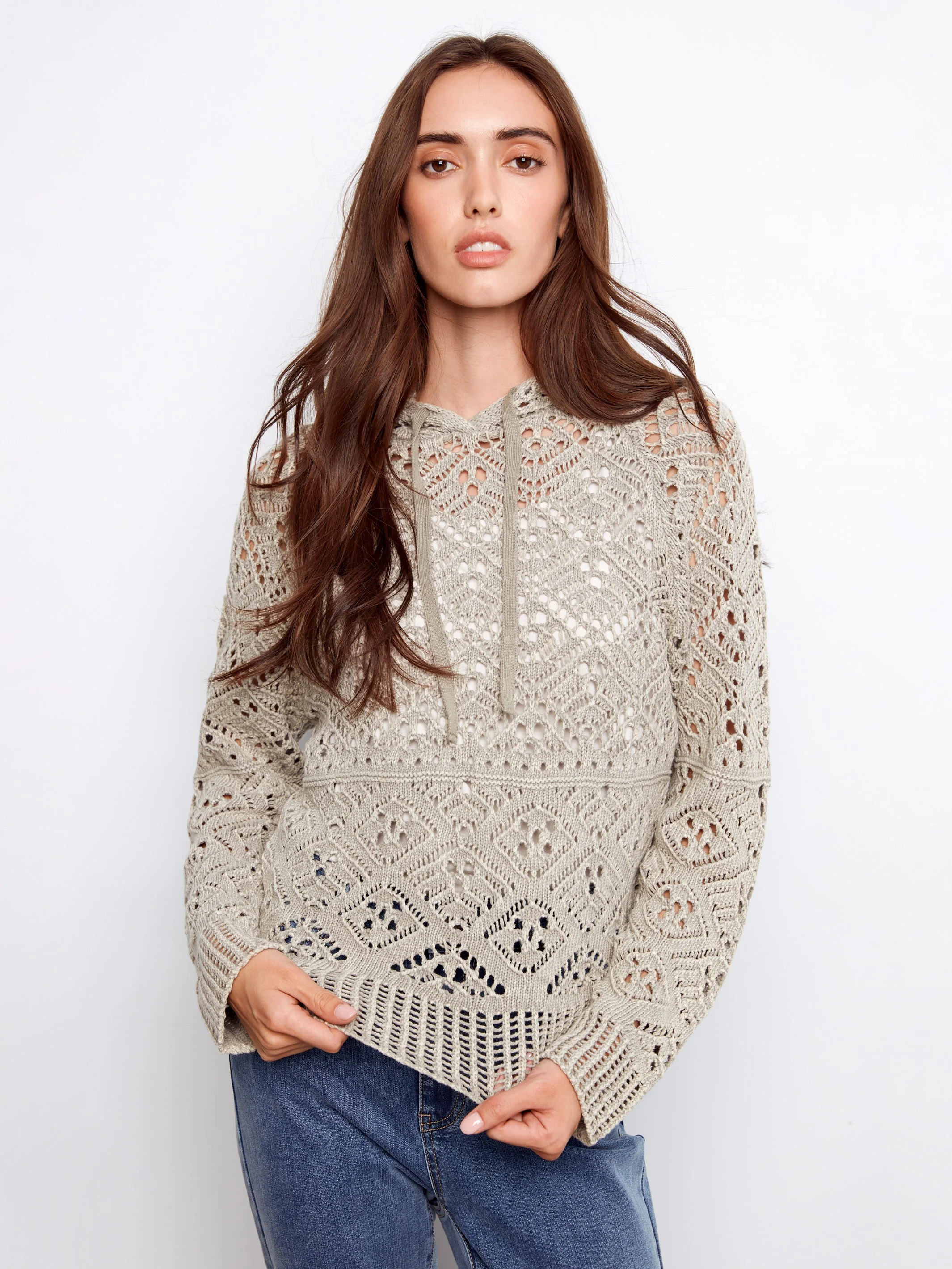 Cotton Crochet Hoodie Sweater - Sage - Image 3