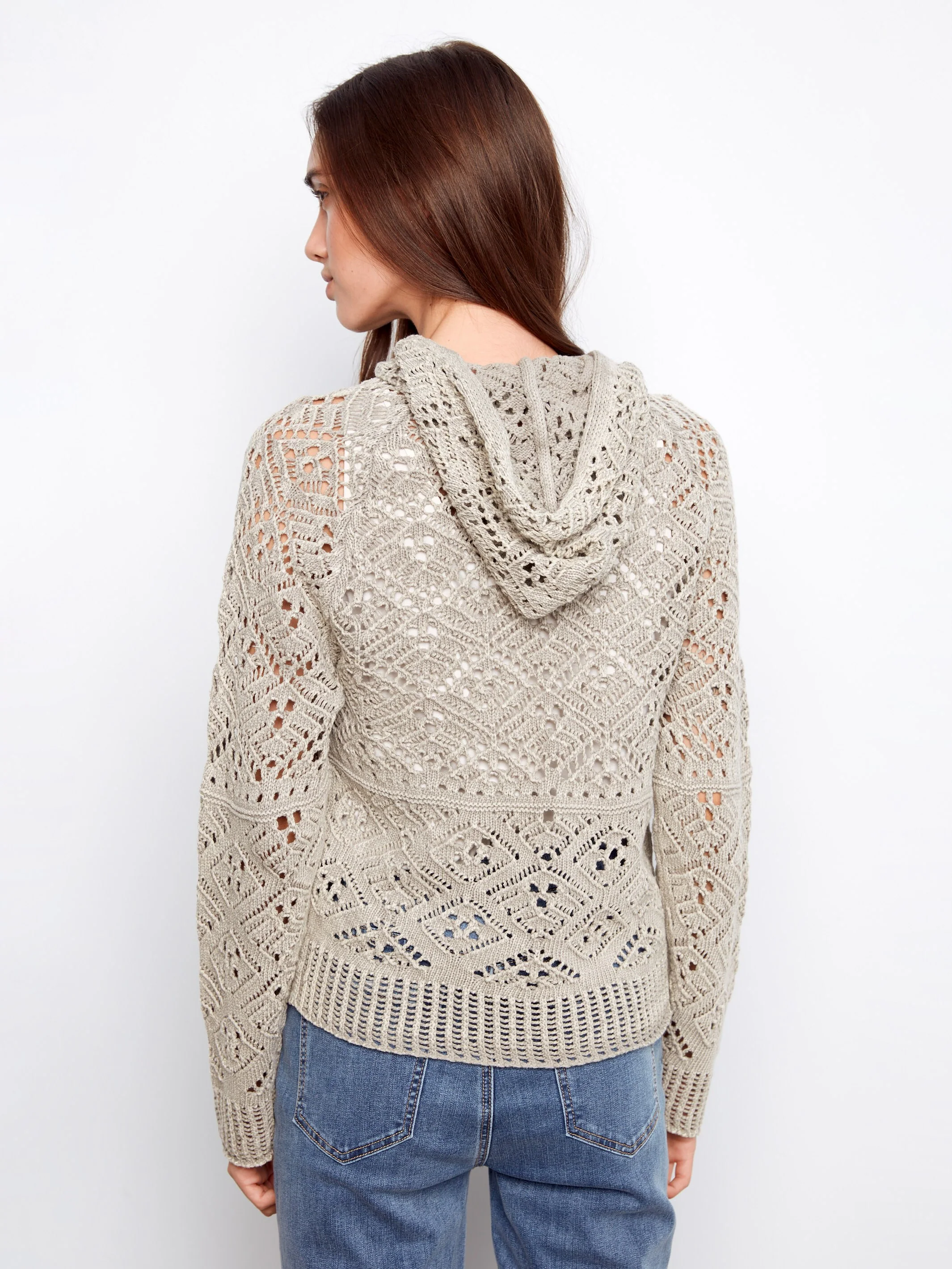 Cotton Crochet Hoodie Sweater - Sage - Image 4