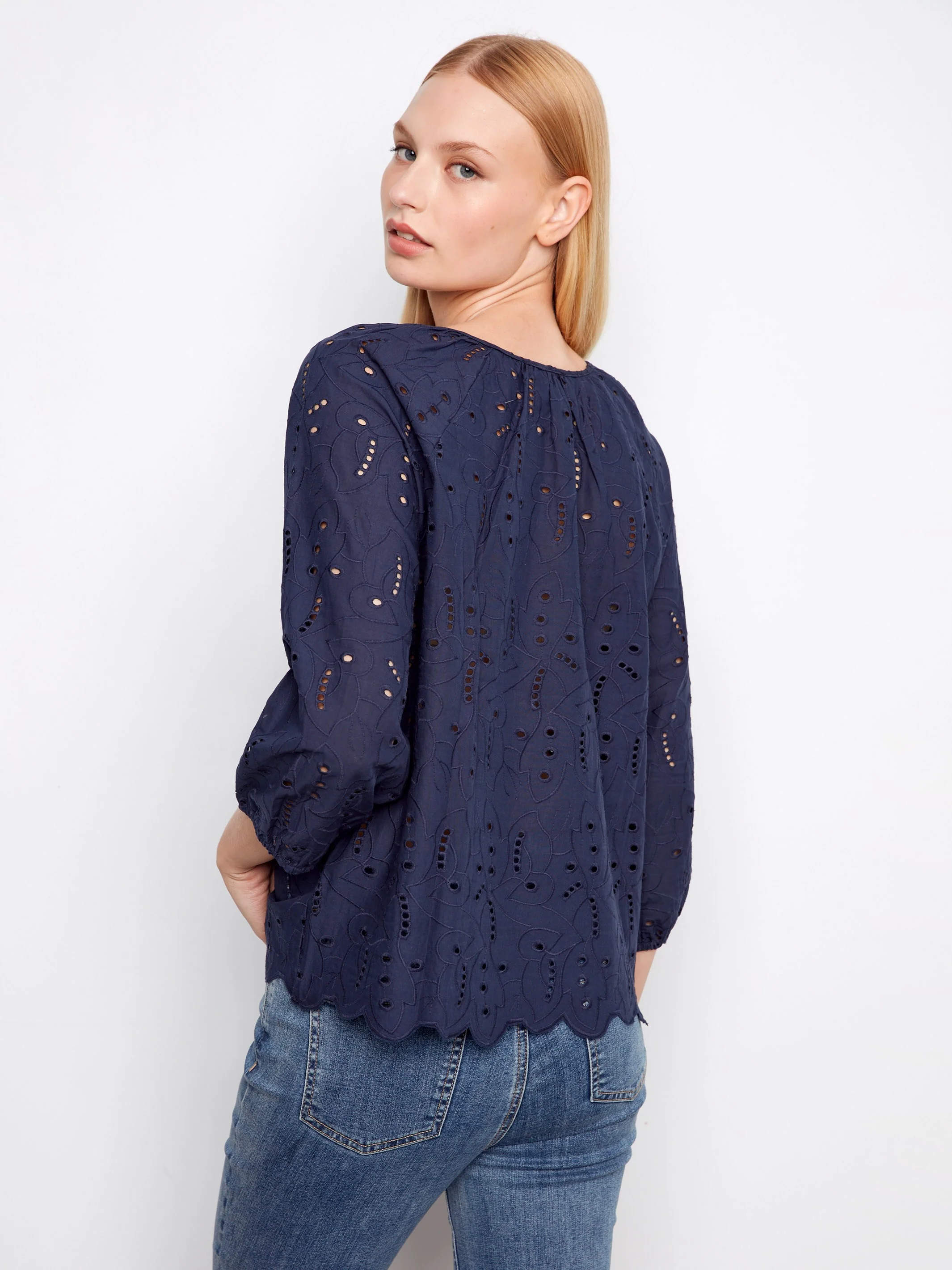 Cotton Eyelet Blouse - Navy - Image 3