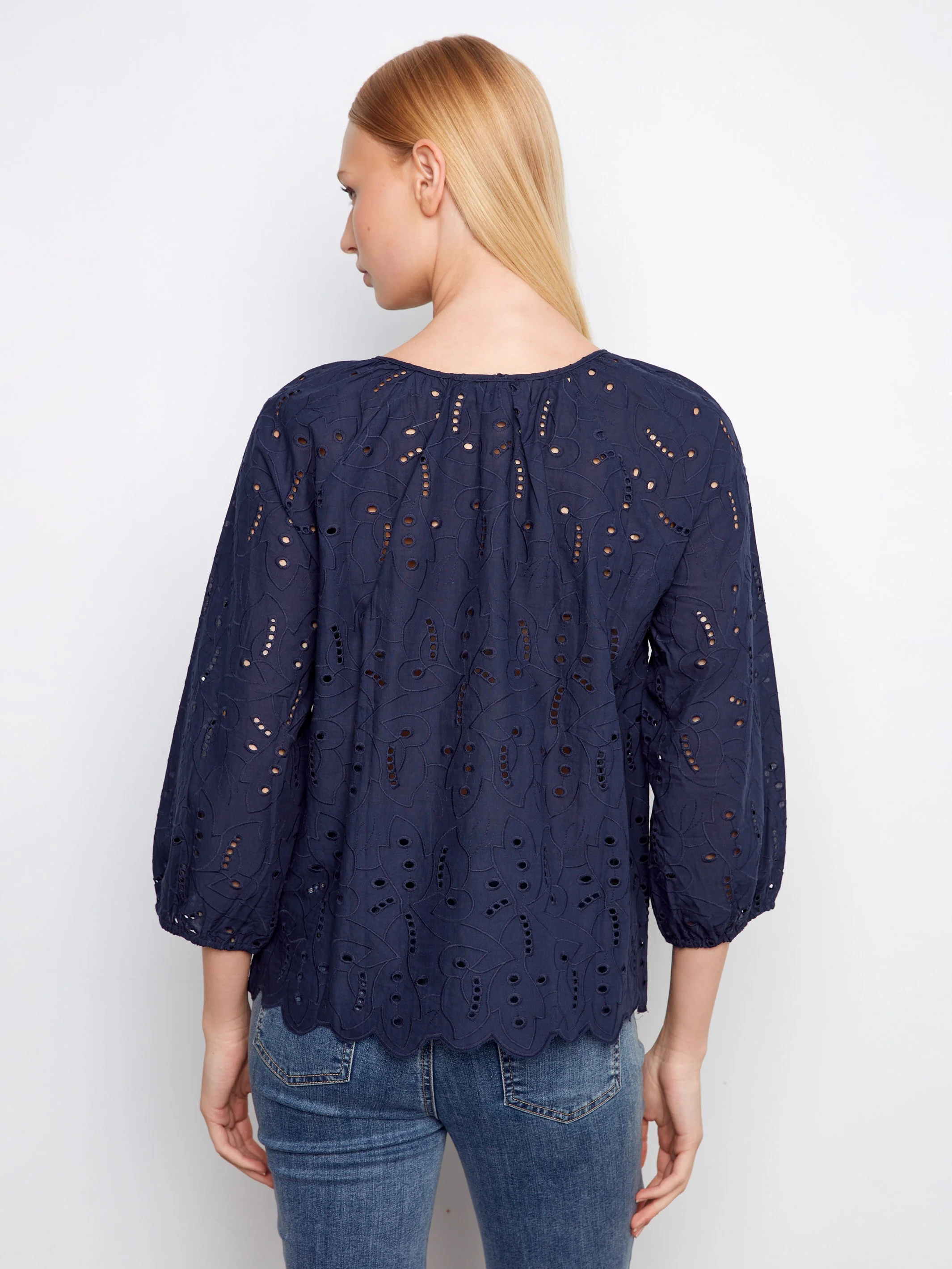 Cotton Eyelet Blouse - Navy - Image 4