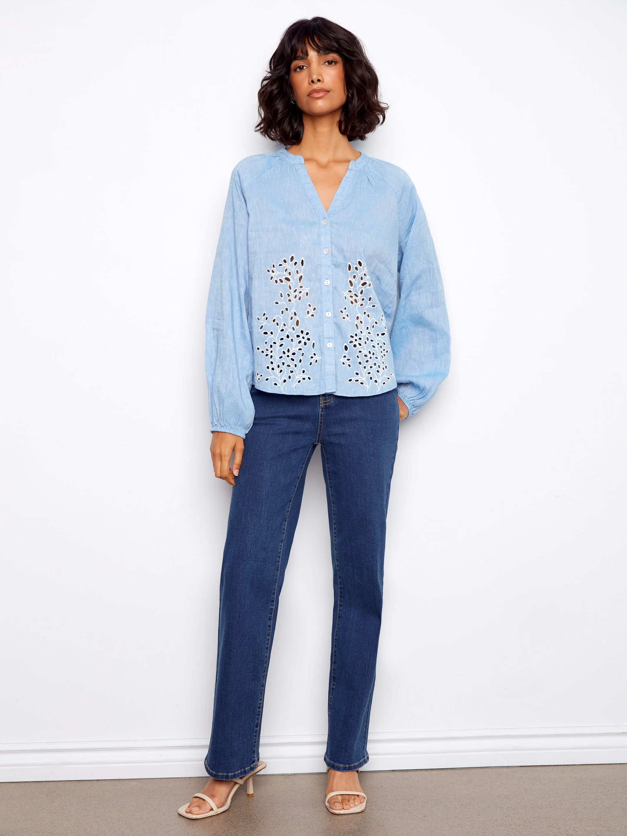 Cotton-Linen Button-Front Embroidered Blouse - Chambray - Image 2