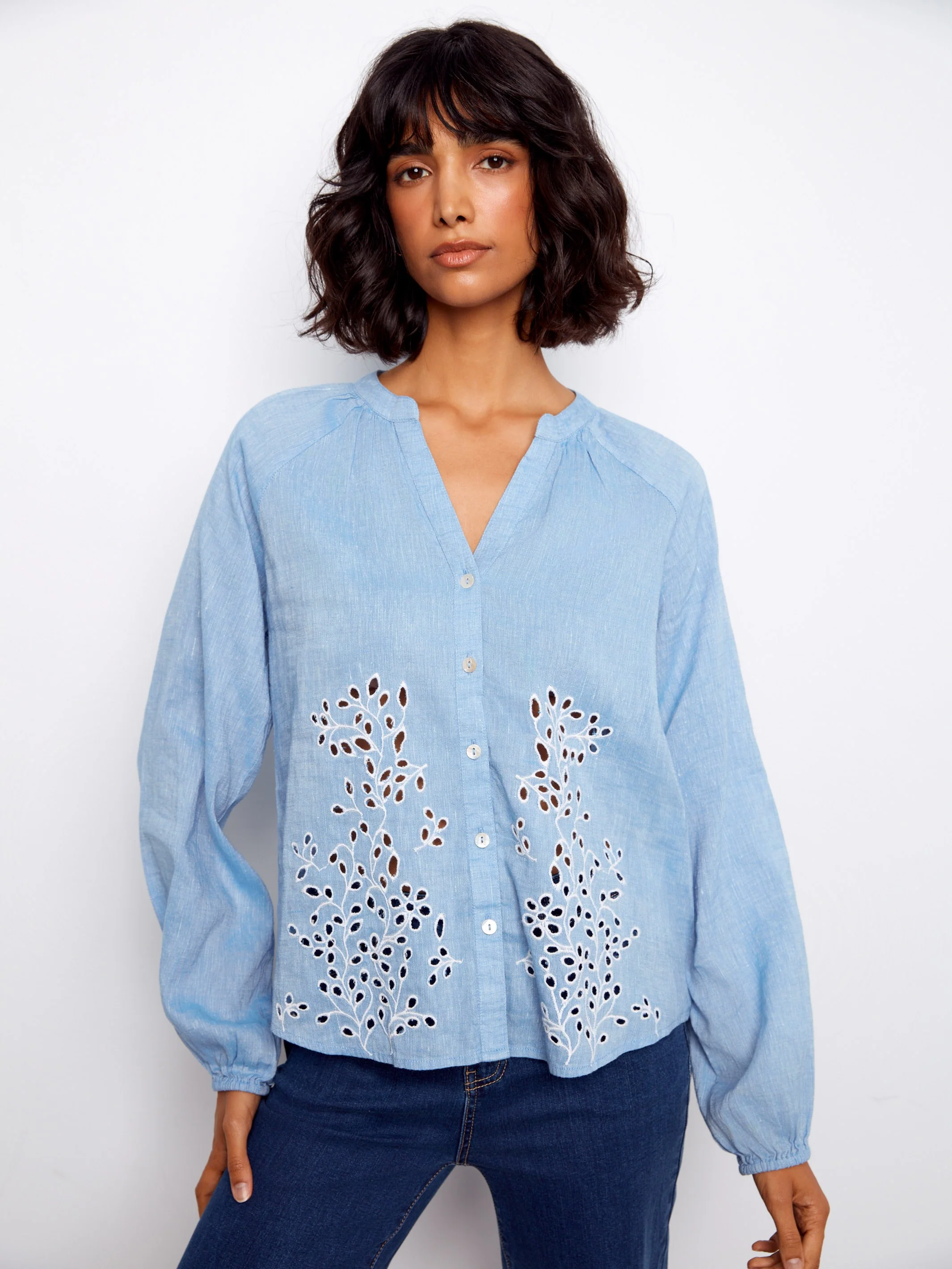 Cotton-Linen Button-Front Embroidered Blouse - Chambray - Image 3
