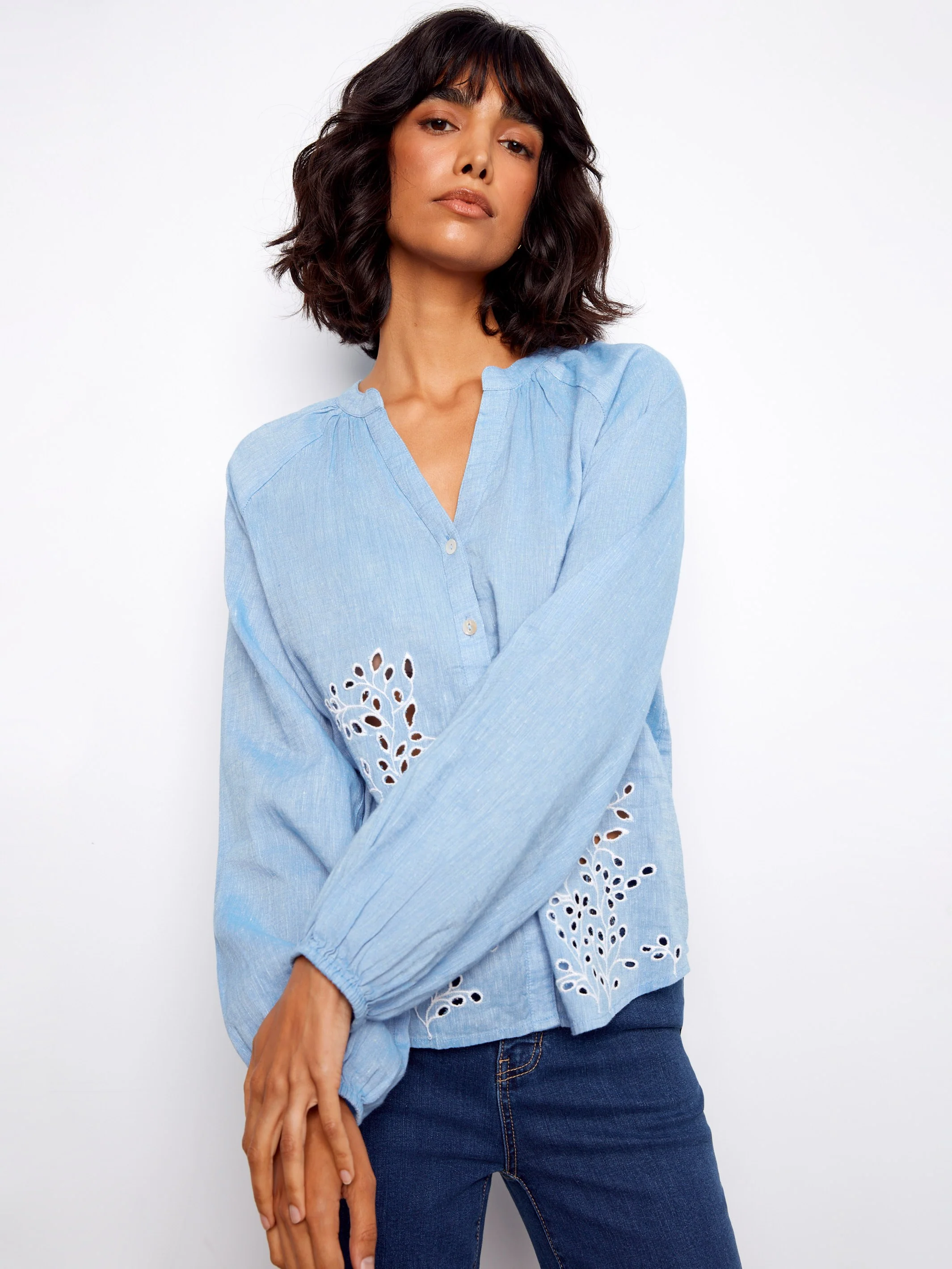 Cotton-Linen Button-Front Embroidered Blouse - Chambray - Image 4