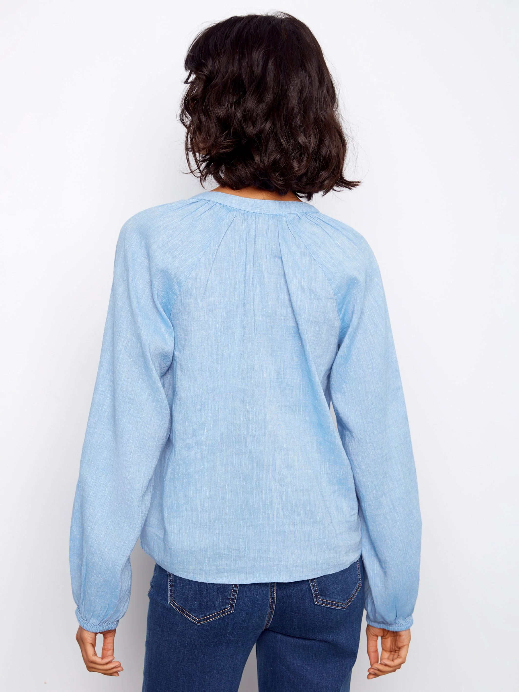 Cotton-Linen Button-Front Embroidered Blouse - Chambray - Image 5